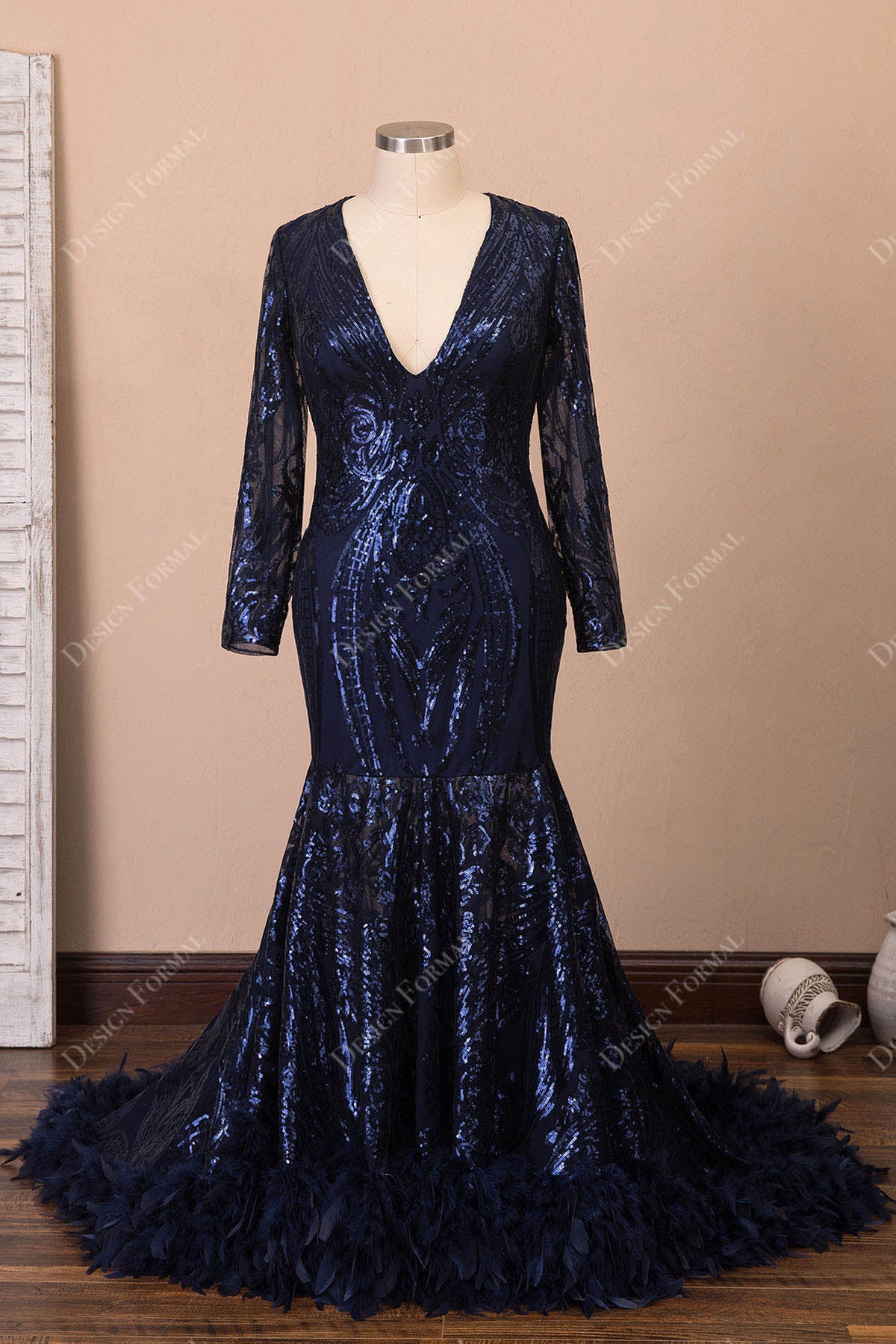 navy sequin long sleeves feather mermaid dress
