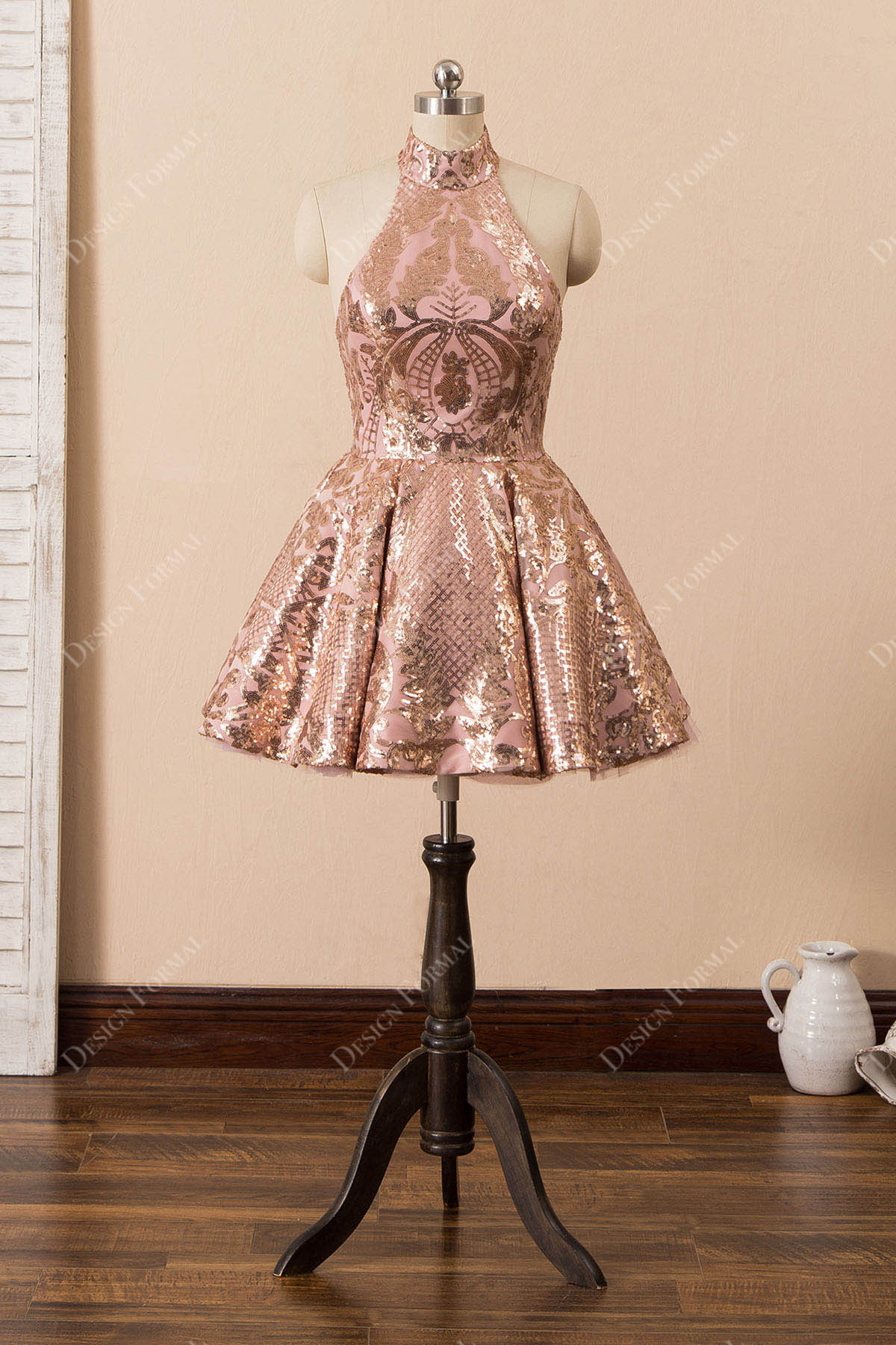 Rose Gold Patterned Sequin Halter Cocktail Homecoming Dress Rose Gold Patterned Sequin Halter Cocktail Homecoming Dress