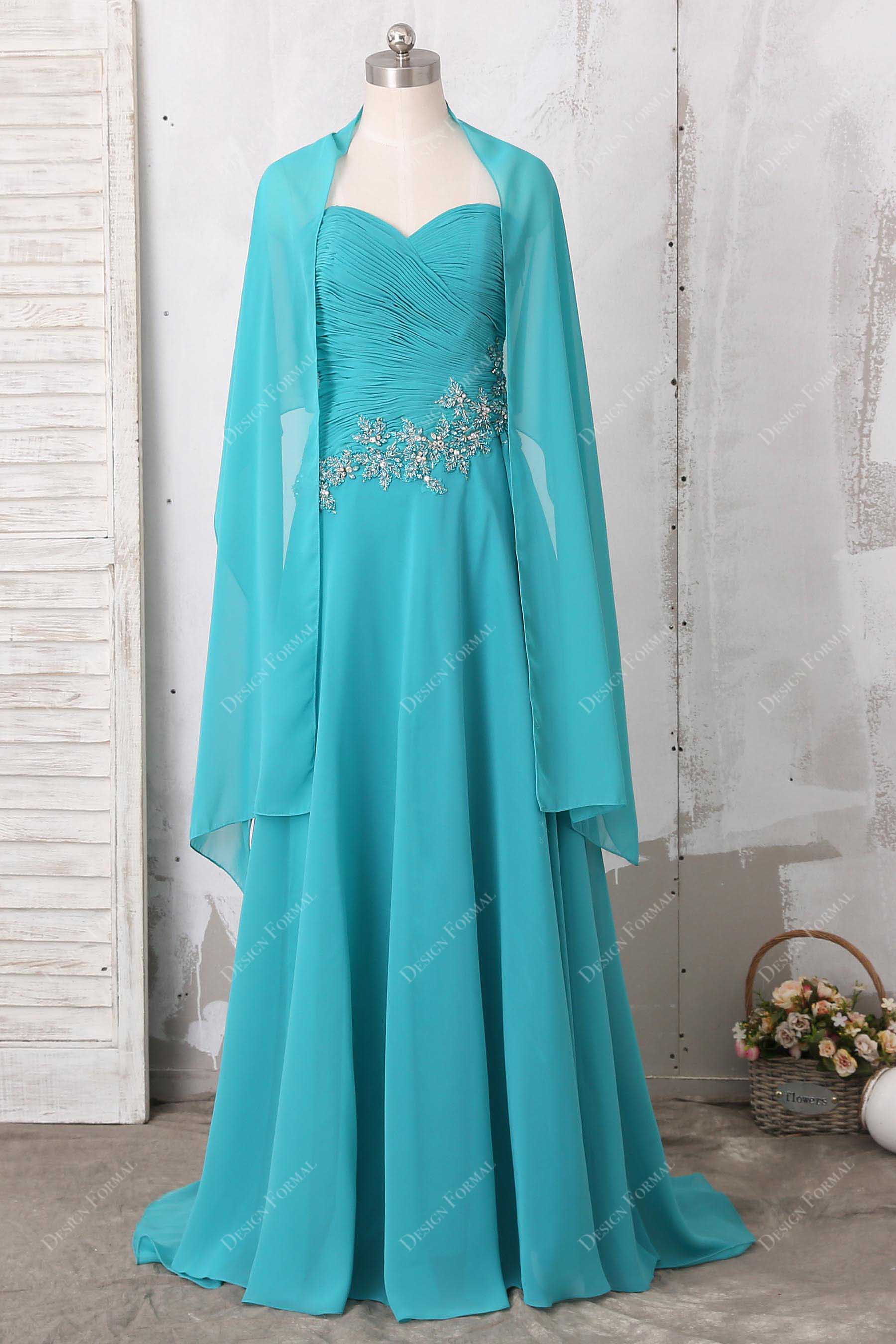 aqua chiffon ruched bridesmaid dress with a cape