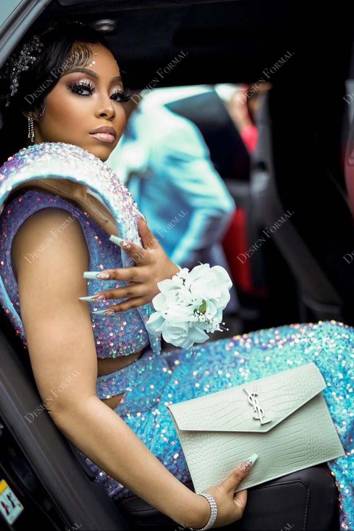 sky blue glitter shiny prom dress