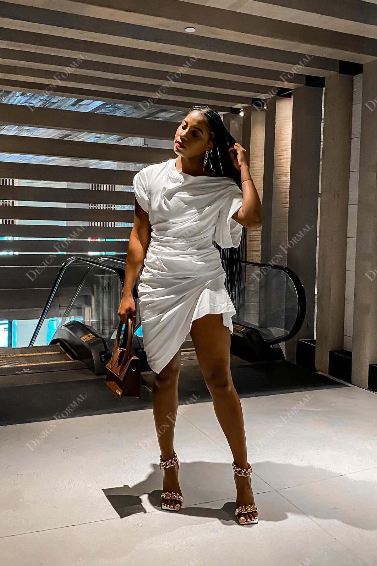 asymmetrical satin white ruched designer short prom dress