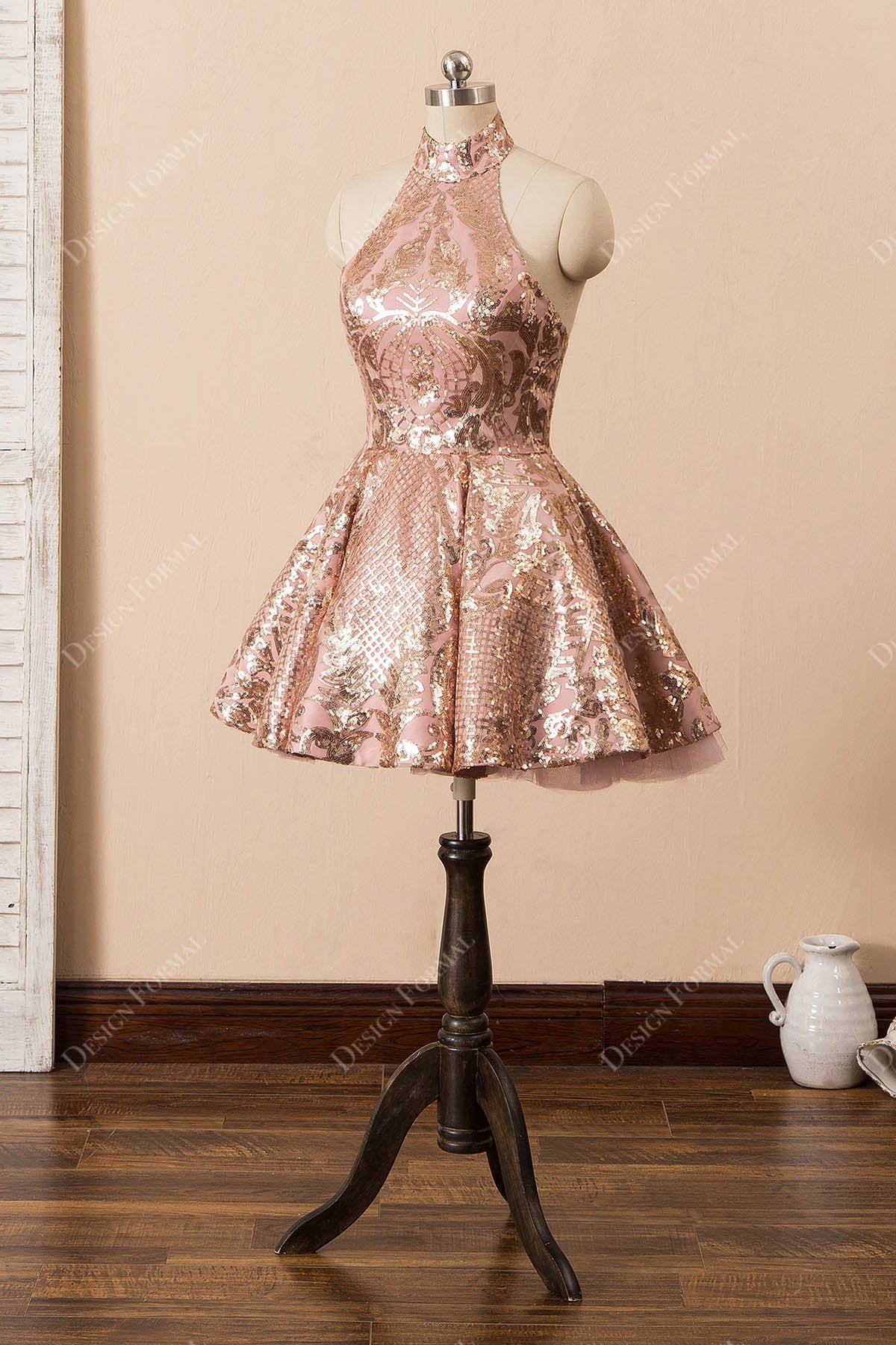 rose gold halter neck homecoming gown
