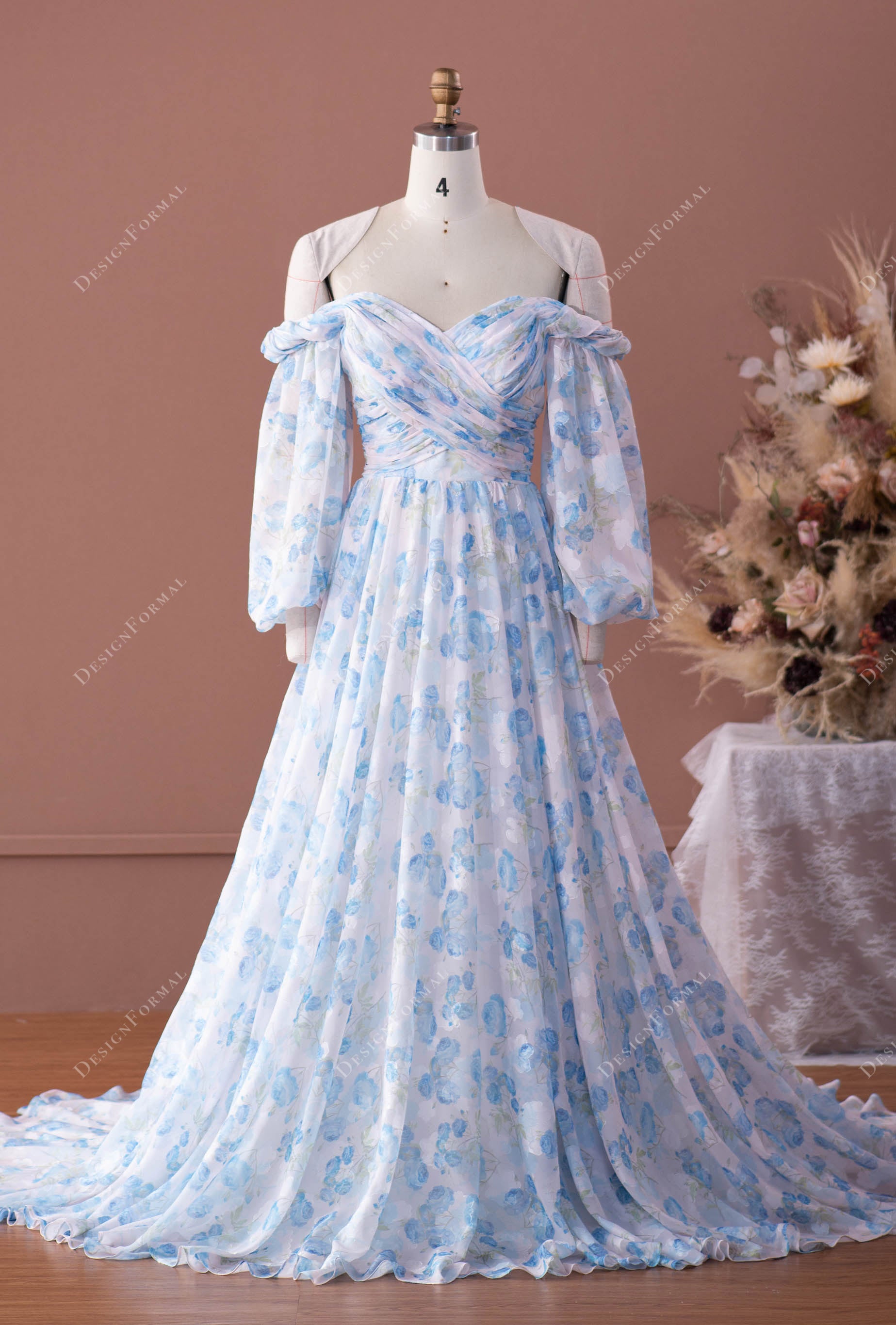 Balloon Sleeve Designer Floral Chiffon Off-shoulder Spring Bridal Dress Balloon Sleeve Designer Floral Chiffon Off-shoulder Spring Bridal Dress