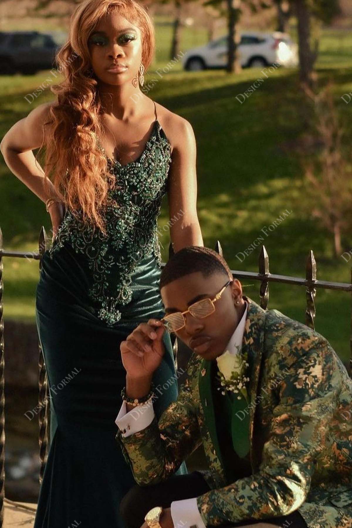 beaded appliqued emerald satin thin straps mermaid prom dress