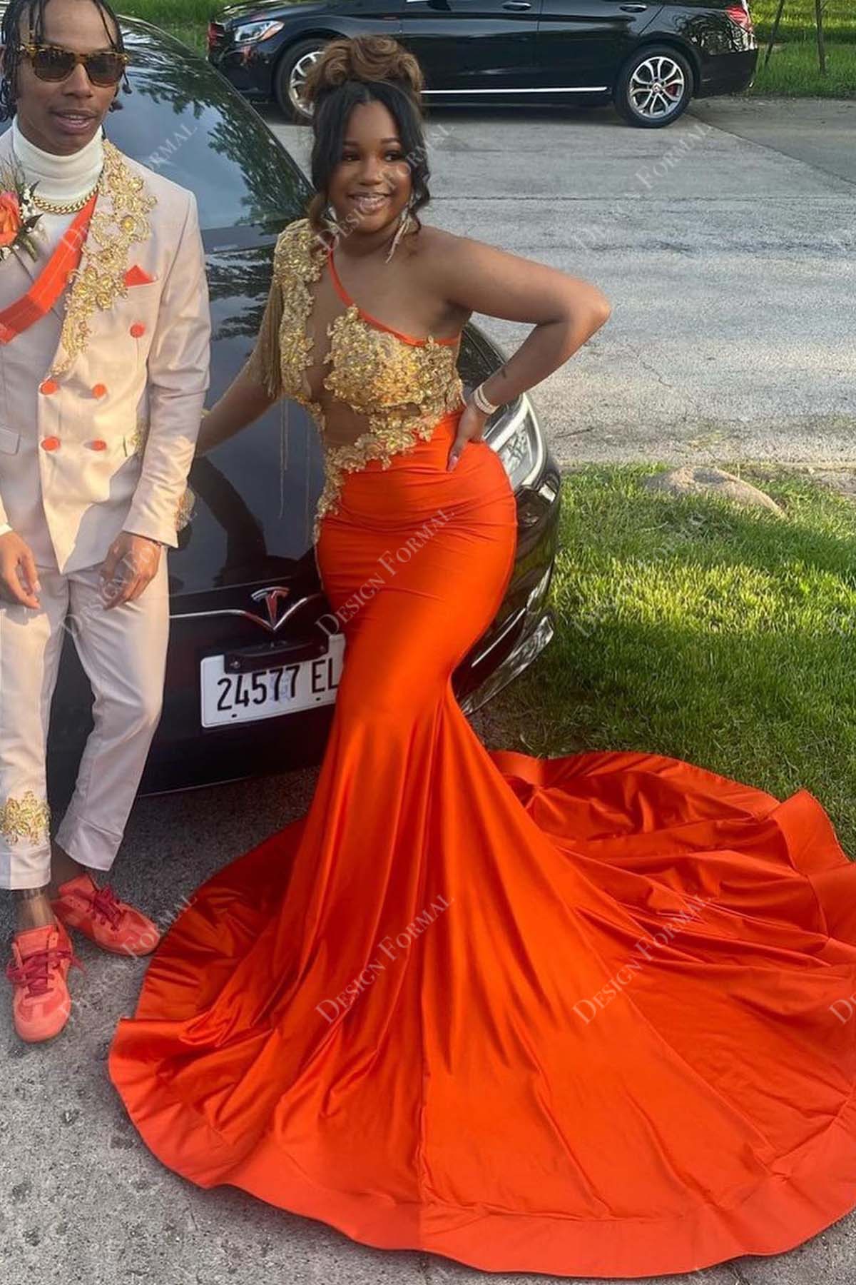 beaded appliqued orange satin mermaid court train designer prom gown