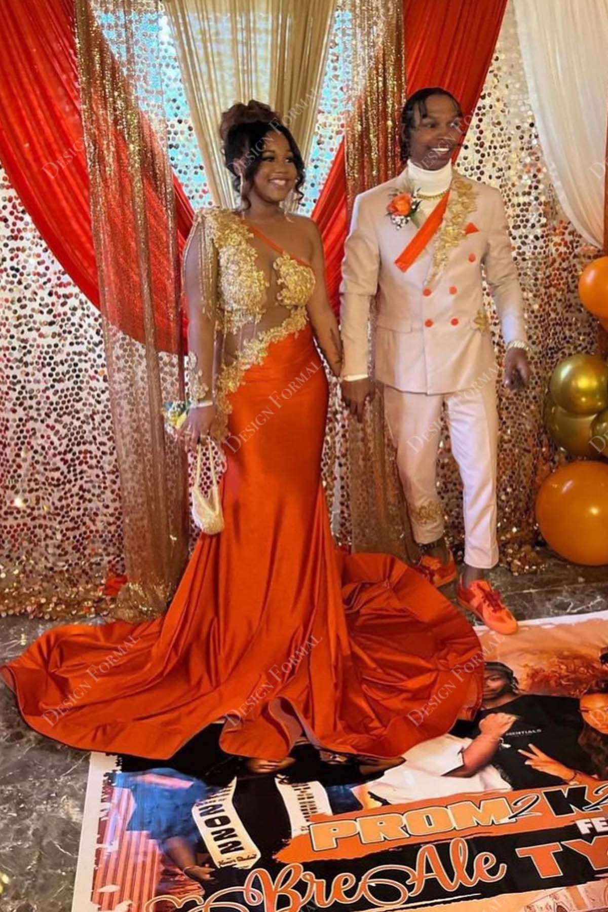 beaded appliqued tassels orange satin designer mermaid prom dress with court train