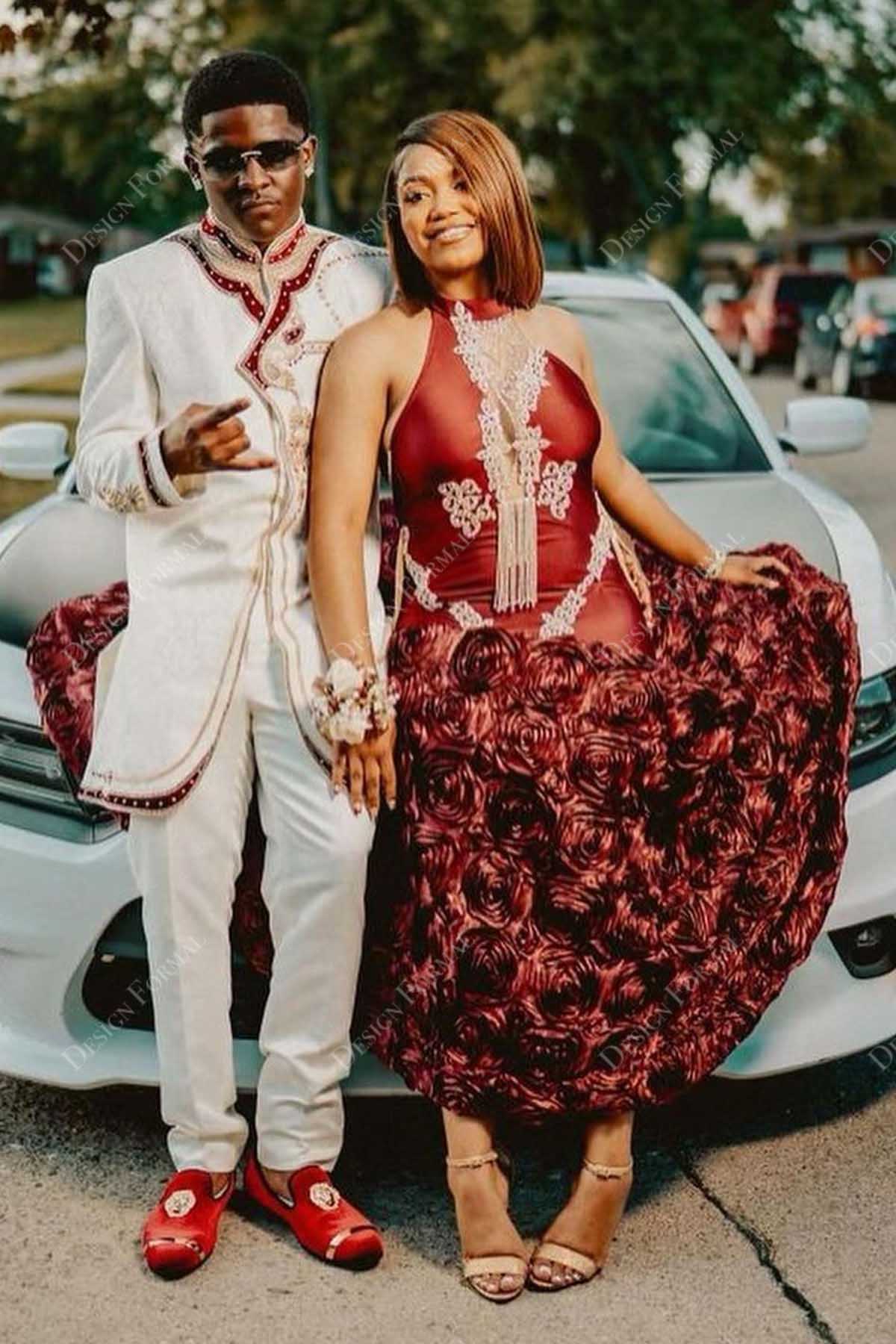 Beaded Burgundy Halter Trumpet Crafted 3D Roses Dress Beaded Burgundy Halter Trumpet Crafted 3D Roses Dress