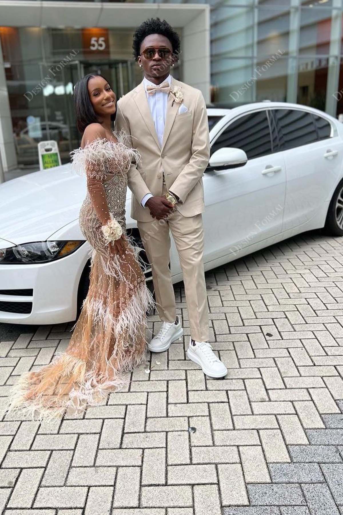 beaded feather off-shoulder long mermaid prom dress