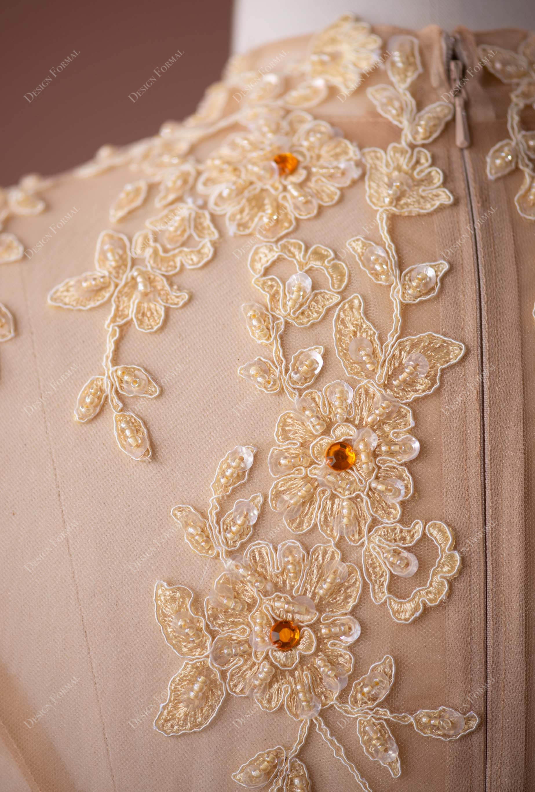 beaded gold lace prom gown