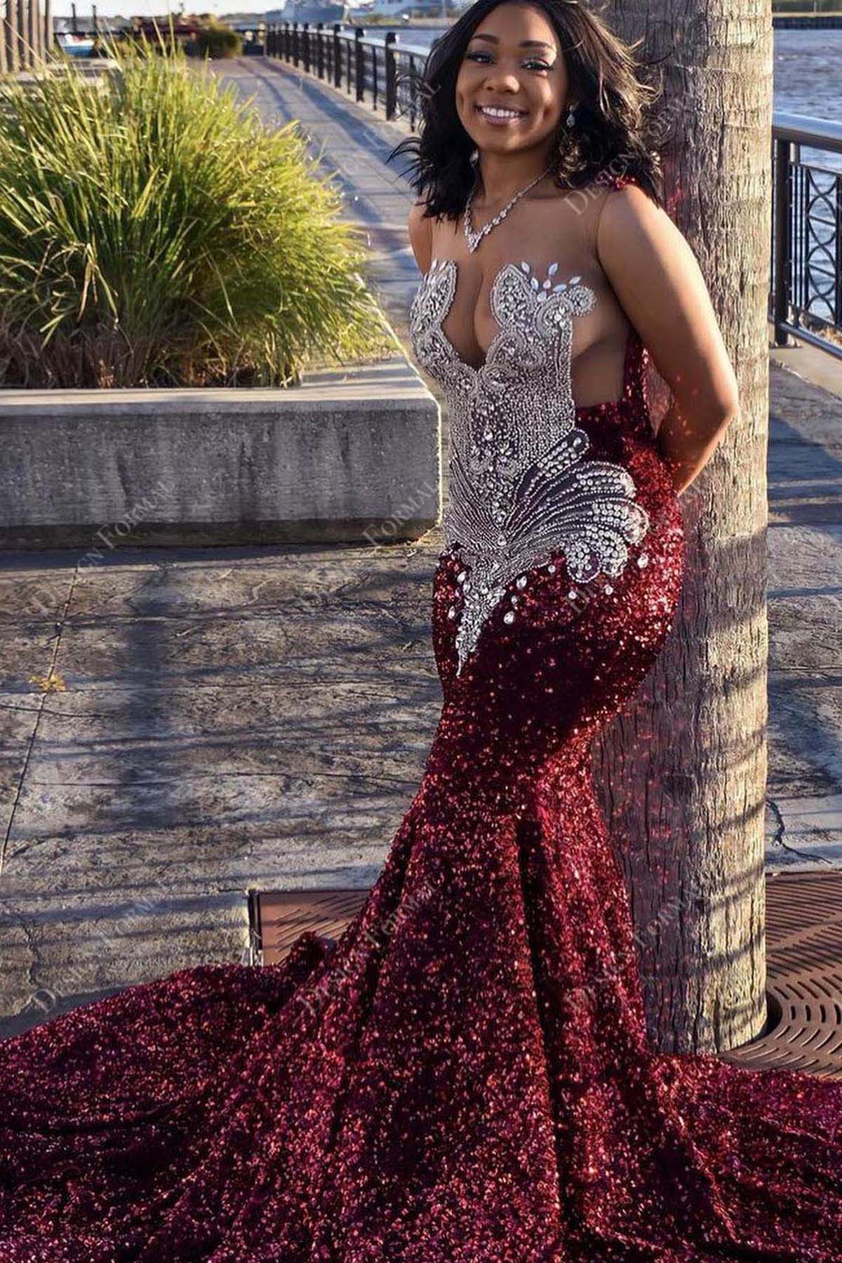 beaded illusion burgundy glitter dress
