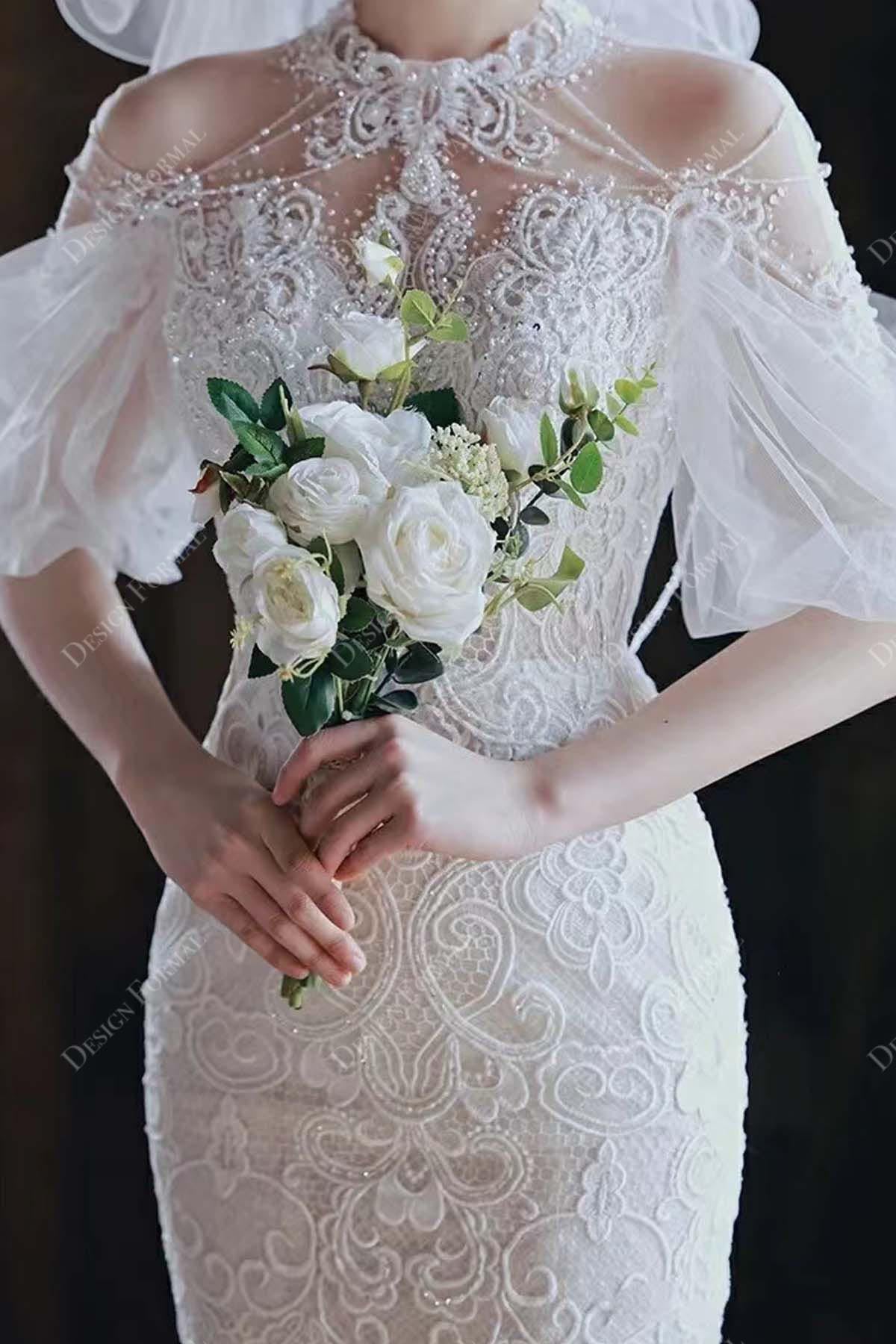 beaded illusion halter cold shoulder bridal dress