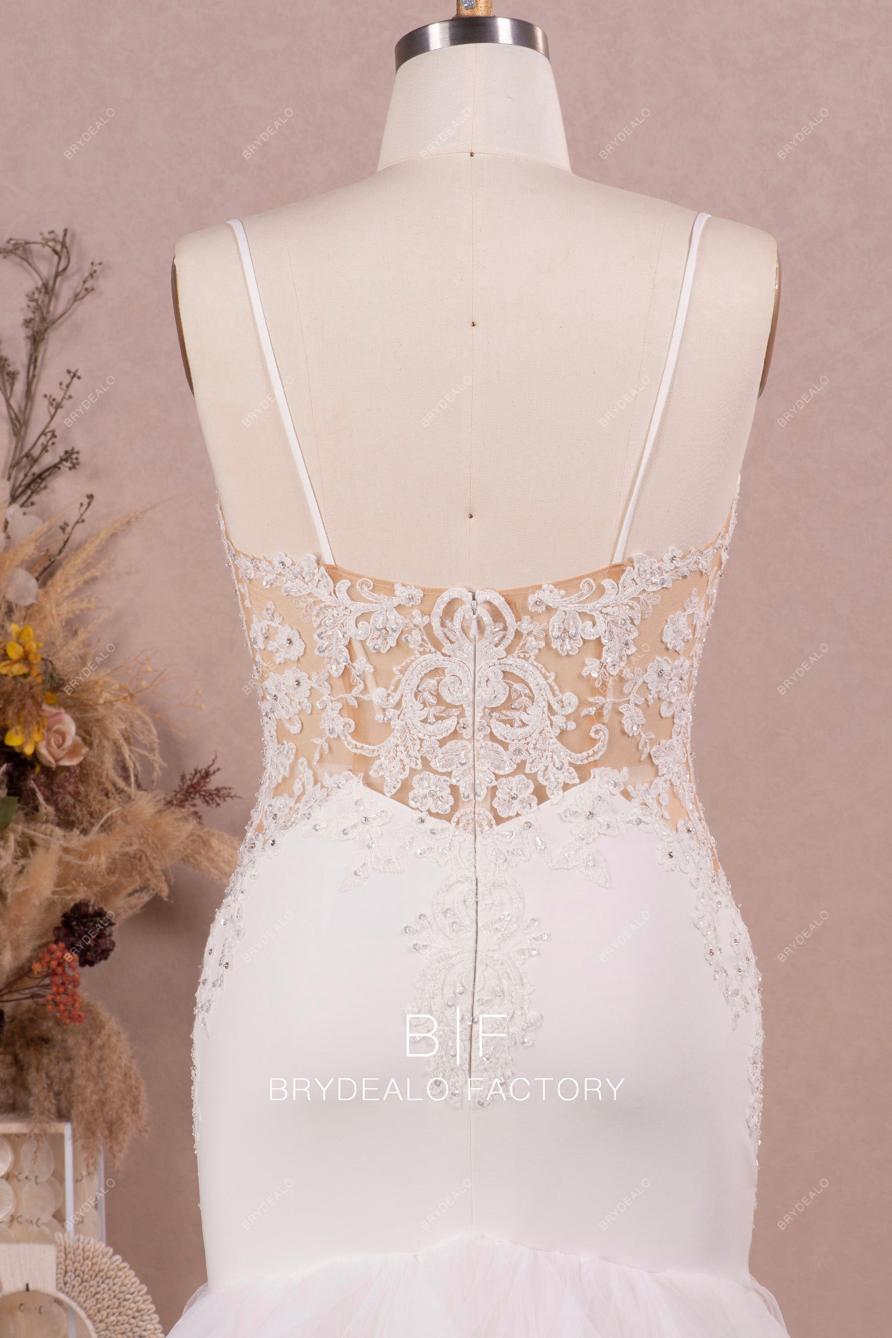 beaded lace illusion back sleeveless wedding dress
