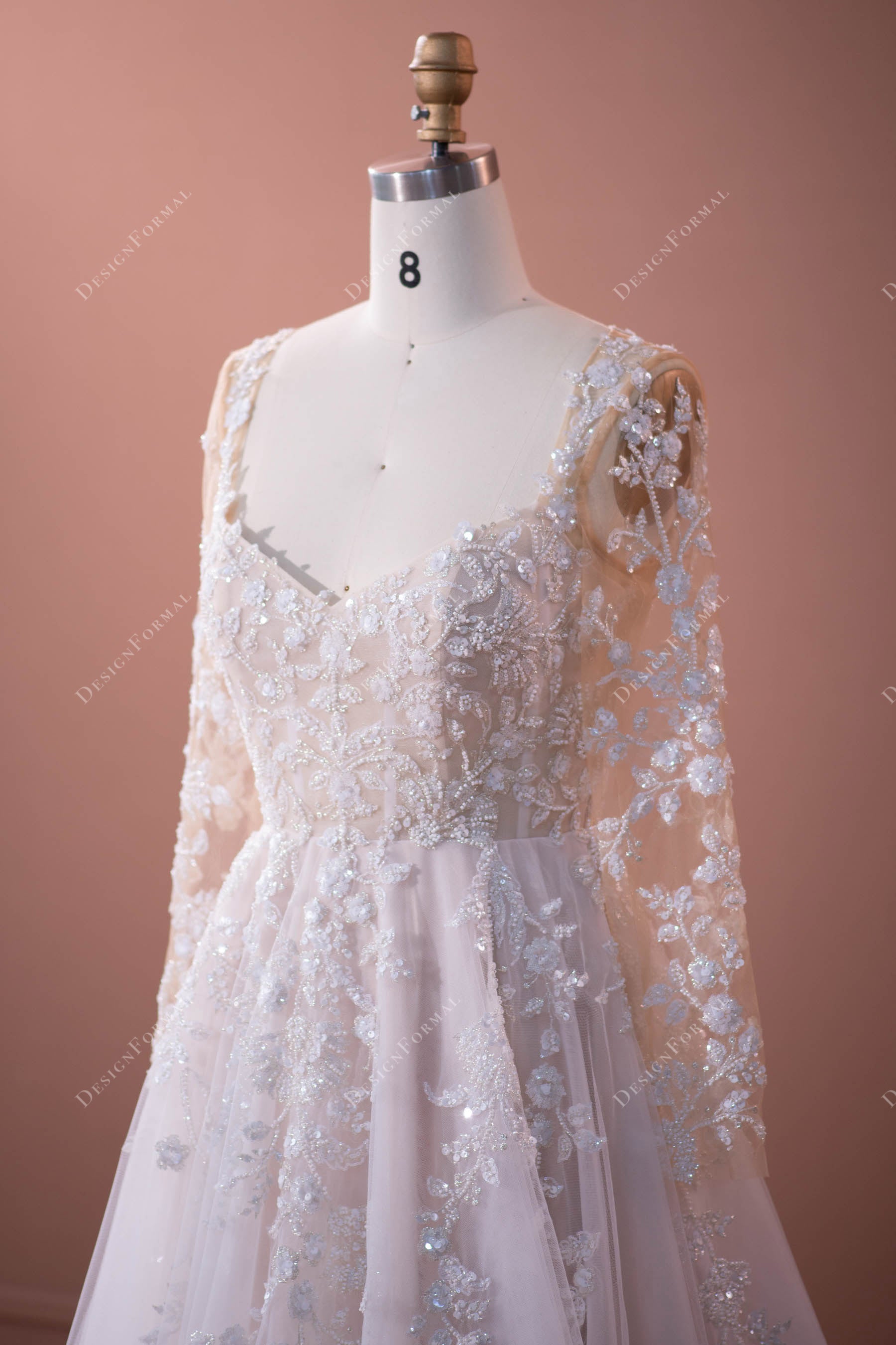 beaded lace illusion sleeve wedding dress