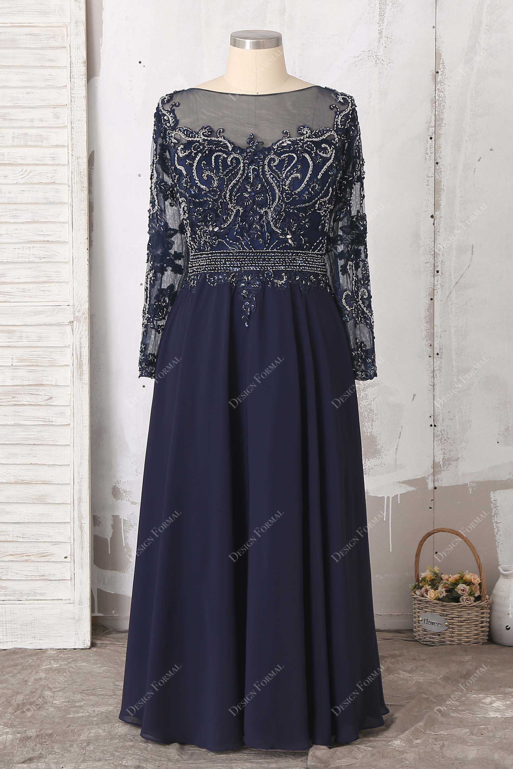 beaded navy chiffon illusion prom dress