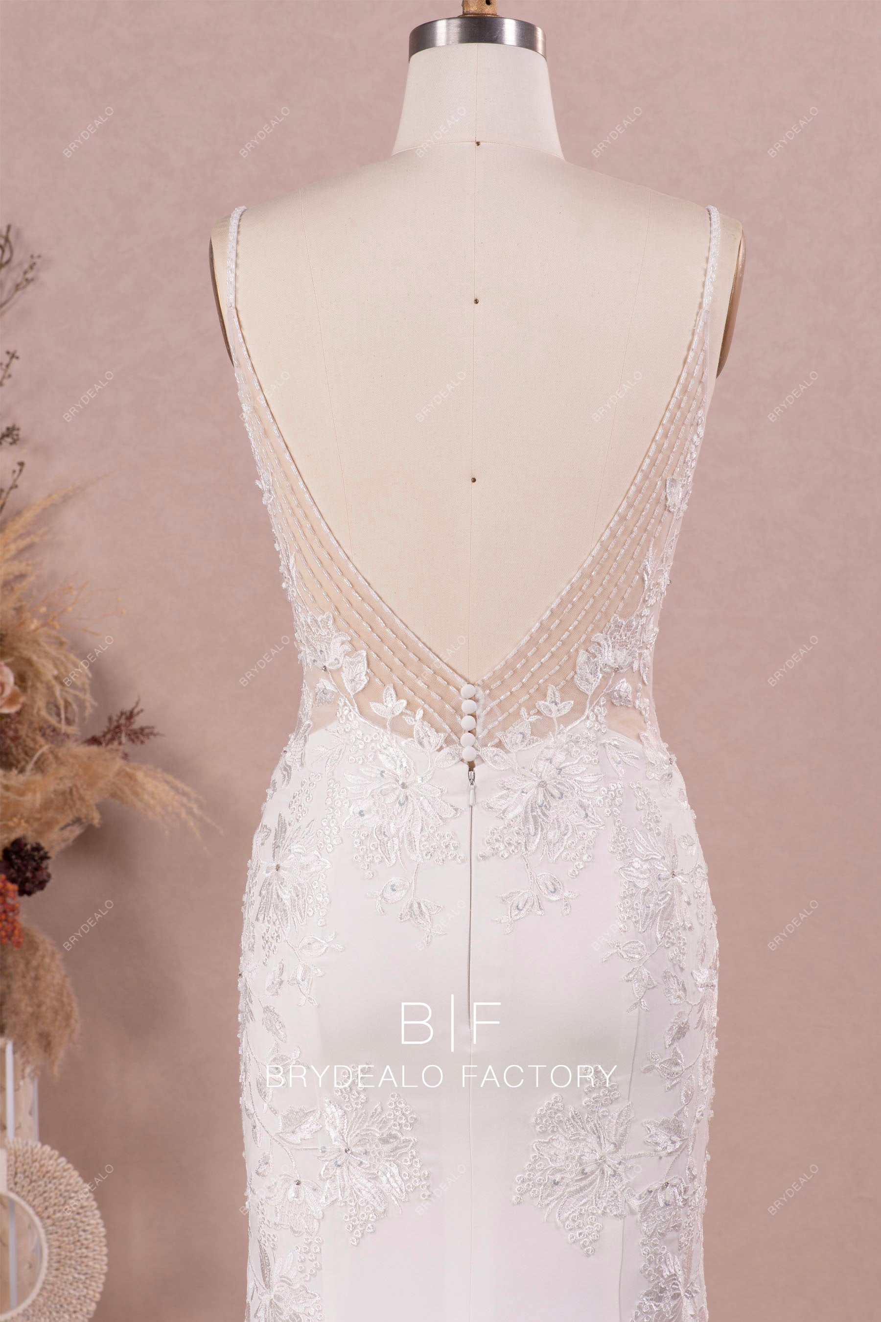 beaded straps open V-back destination wedding dress