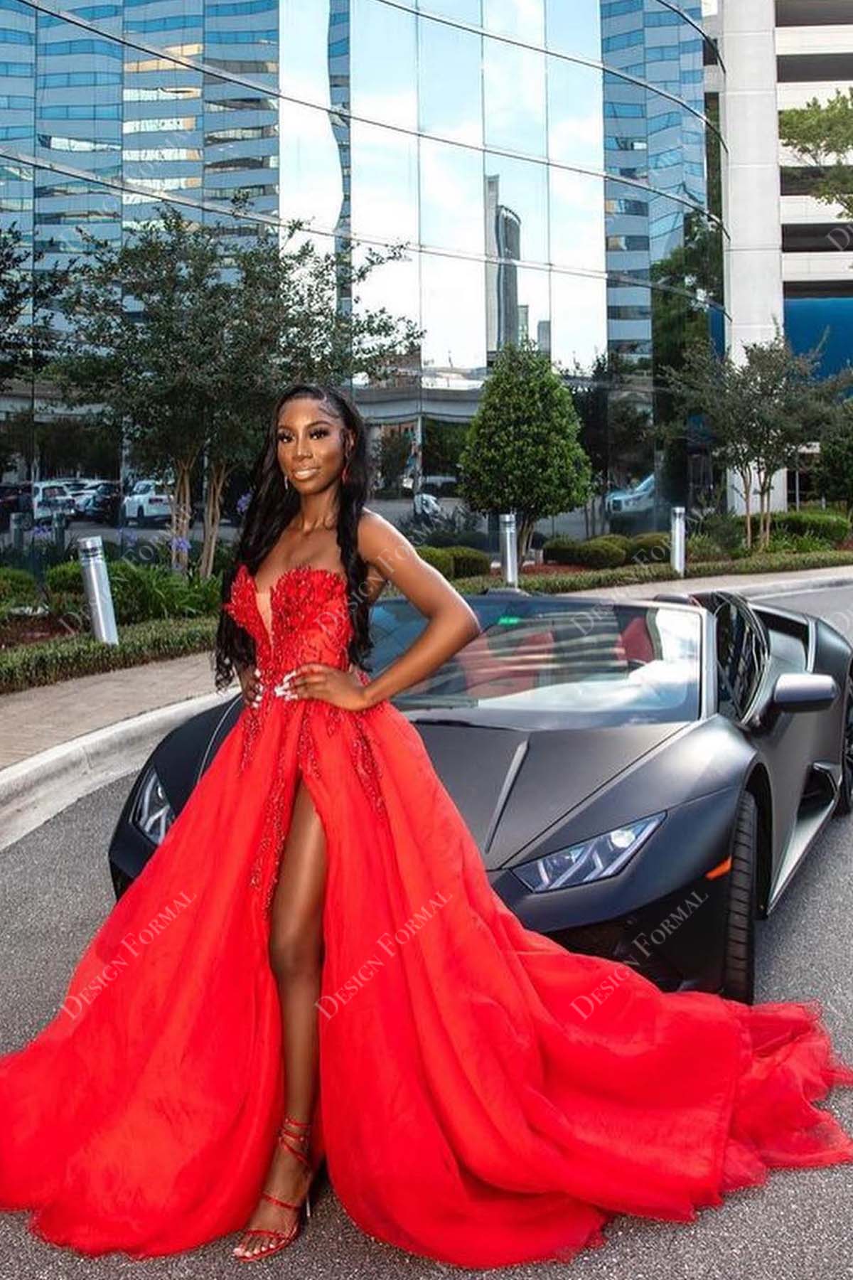 Beaded Red Tulle Strapless Plunging High Slit Crafted Dress