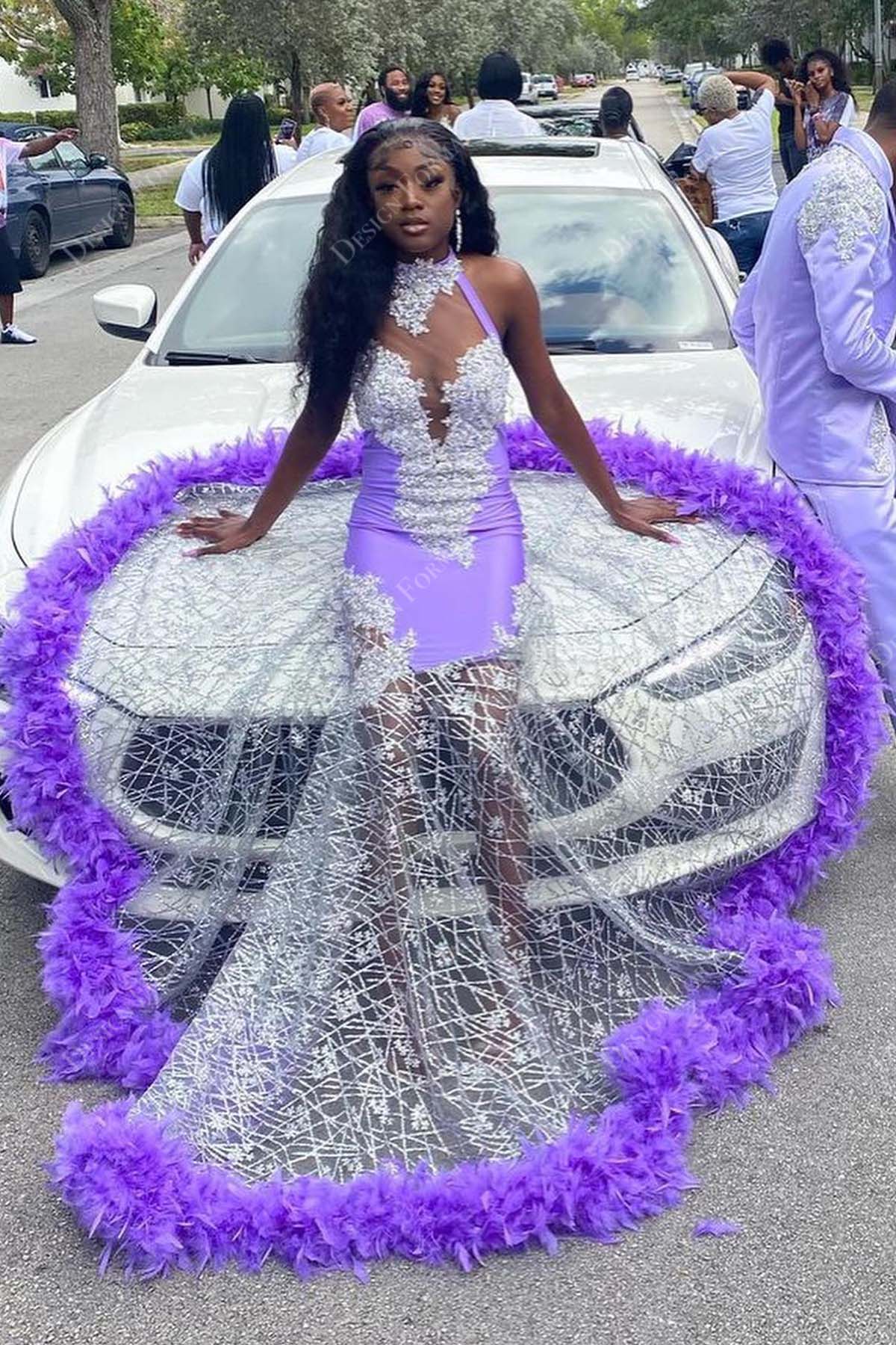 Illusion Halter Violet Feather Custom Glitter Mermaid Prom Dress