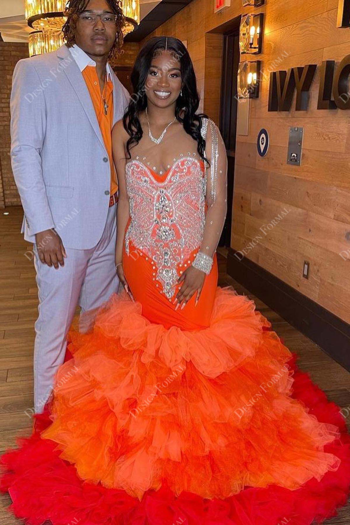 beaded sheer one sleeve orange ruffled tulle trumpet prom dress