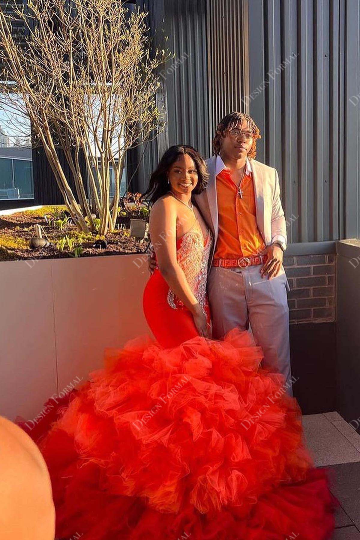 beaded sheer one sleeve orange ruffled tulle trumpet prom gown