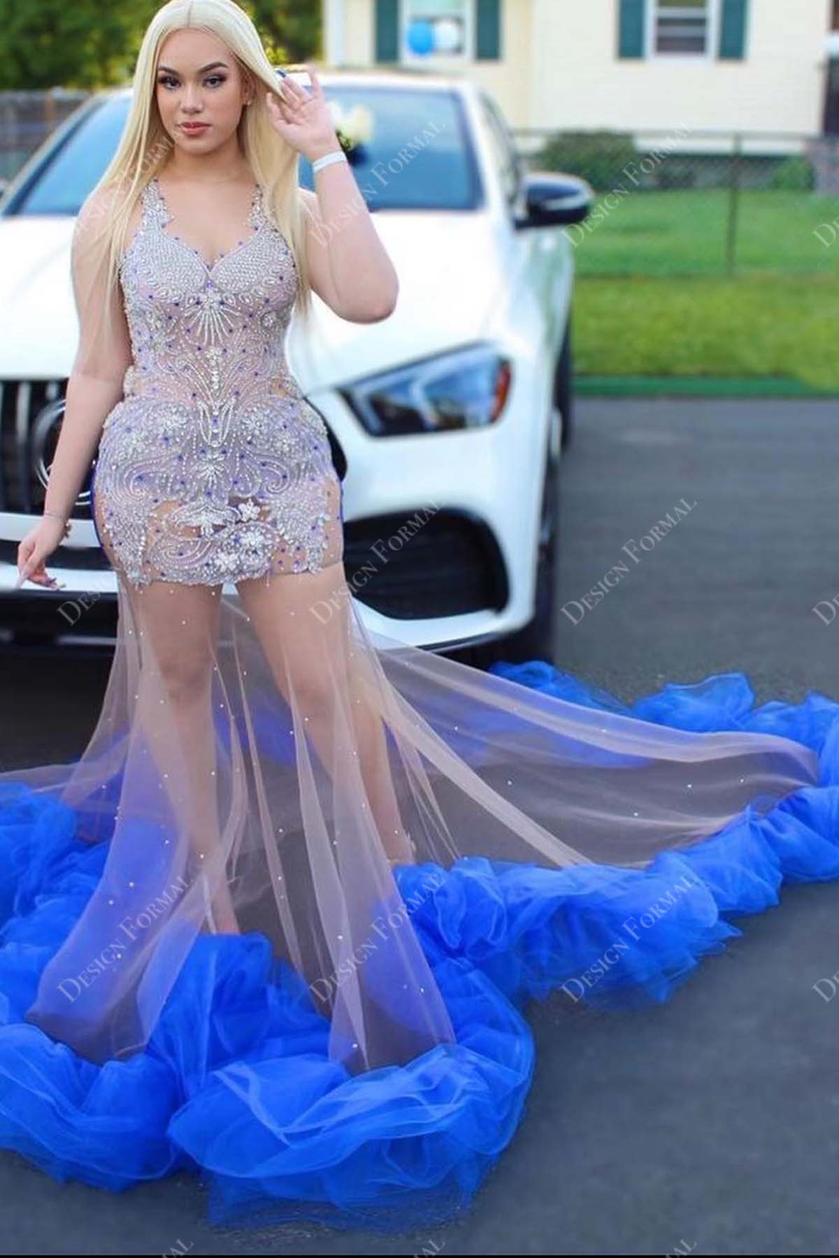 Beaded Royal Blue Ruffled Tailor Made Mermaid Prom Long Dress Beaded Royal Blue Ruffled Tailor Made Mermaid Prom Long Dress