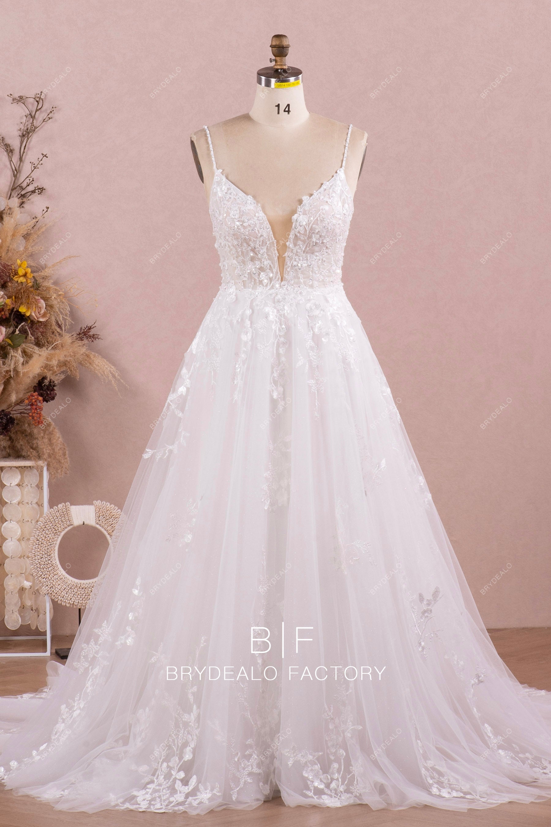 Floral embroidered Lace Plunging Neck Spring Fall Wedding Dress