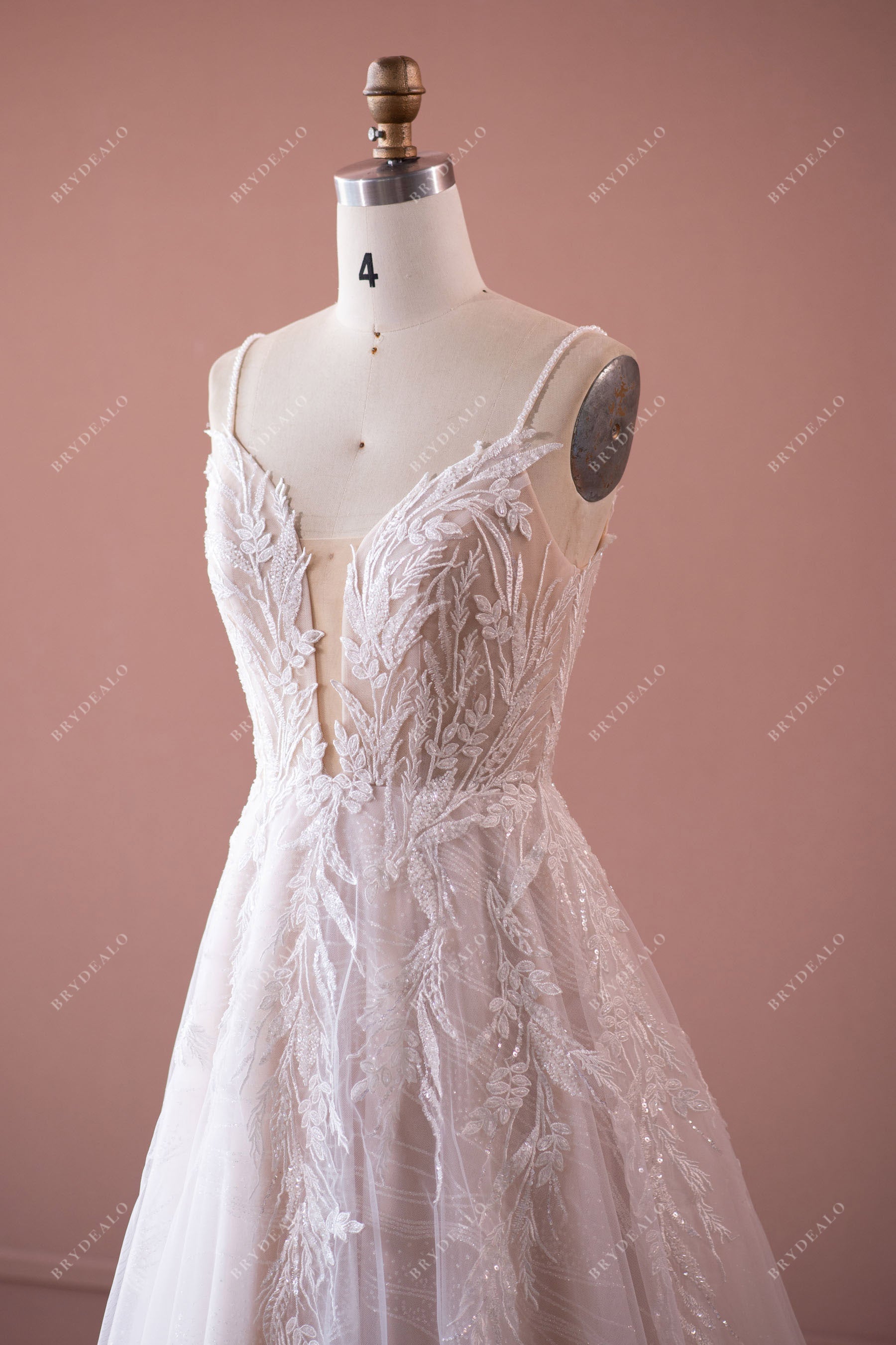 Beaded Strap Plunging Neck Lace Wedding Dress