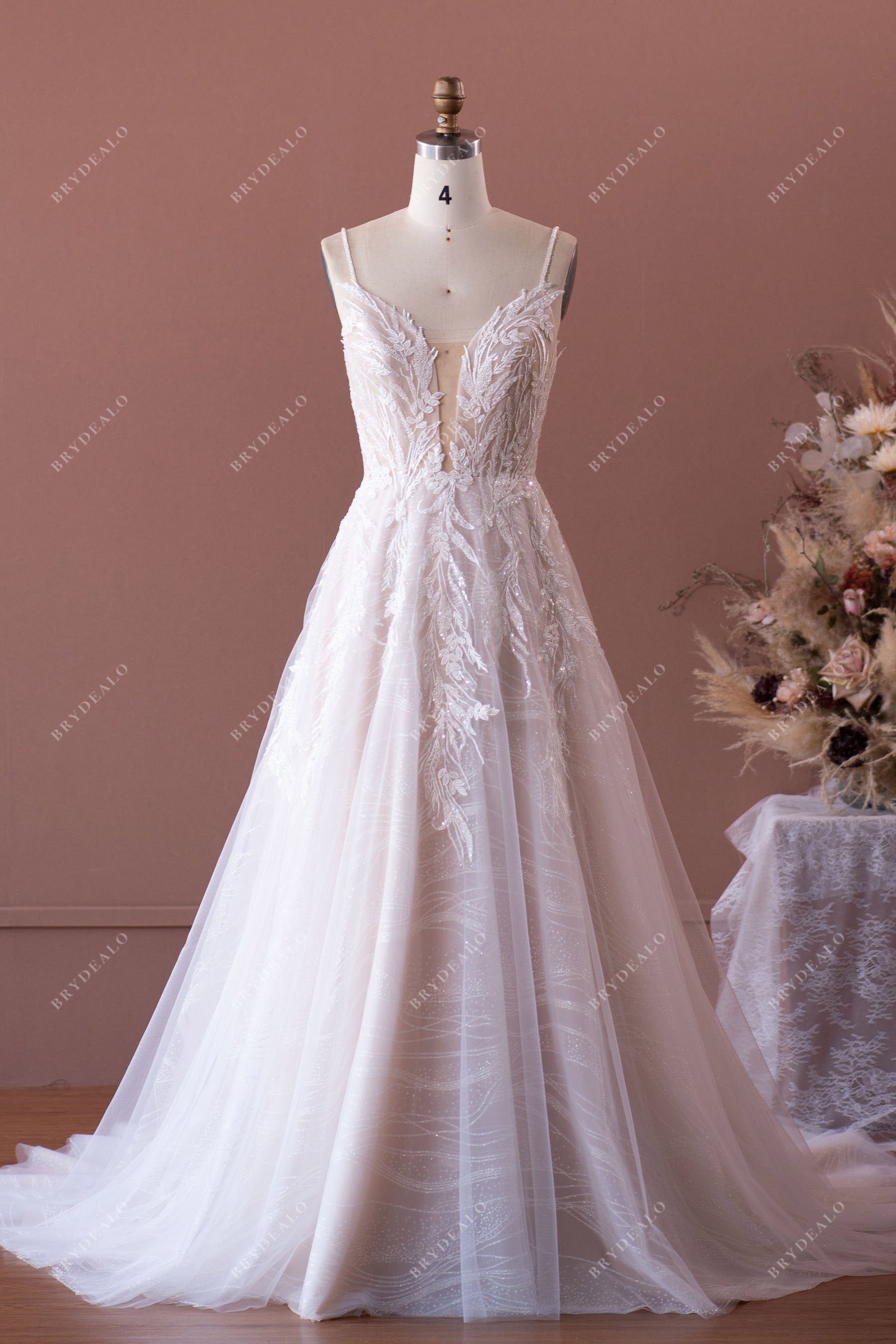 Designer Beaded Strap Plunging Shimmery Lace A-line Nude Wedding Dress, Nude Pink