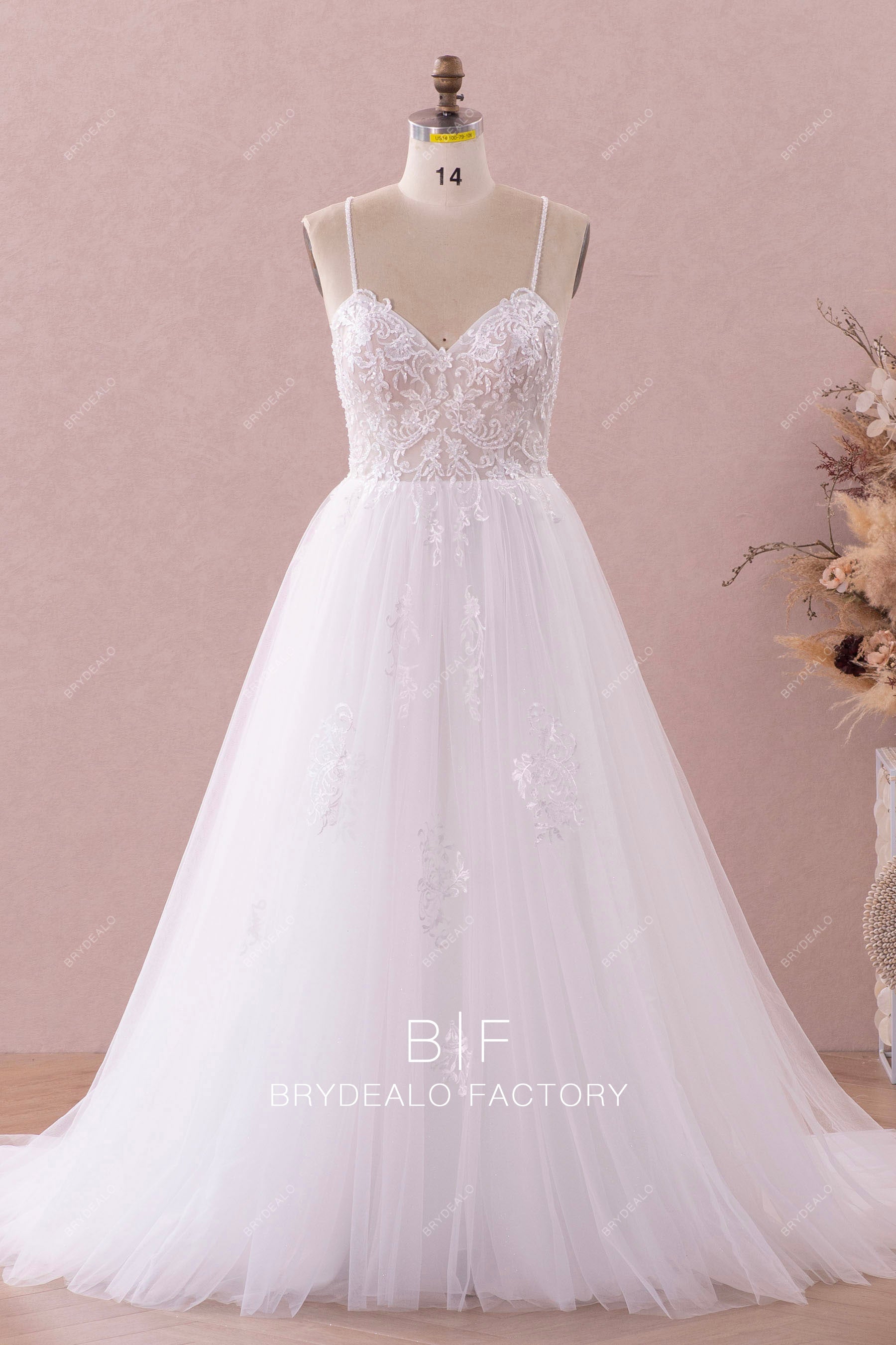 beaded trim for wedding dress Beaded Straps Crisscross Back Timeless Lace Tulle Wedding Dress