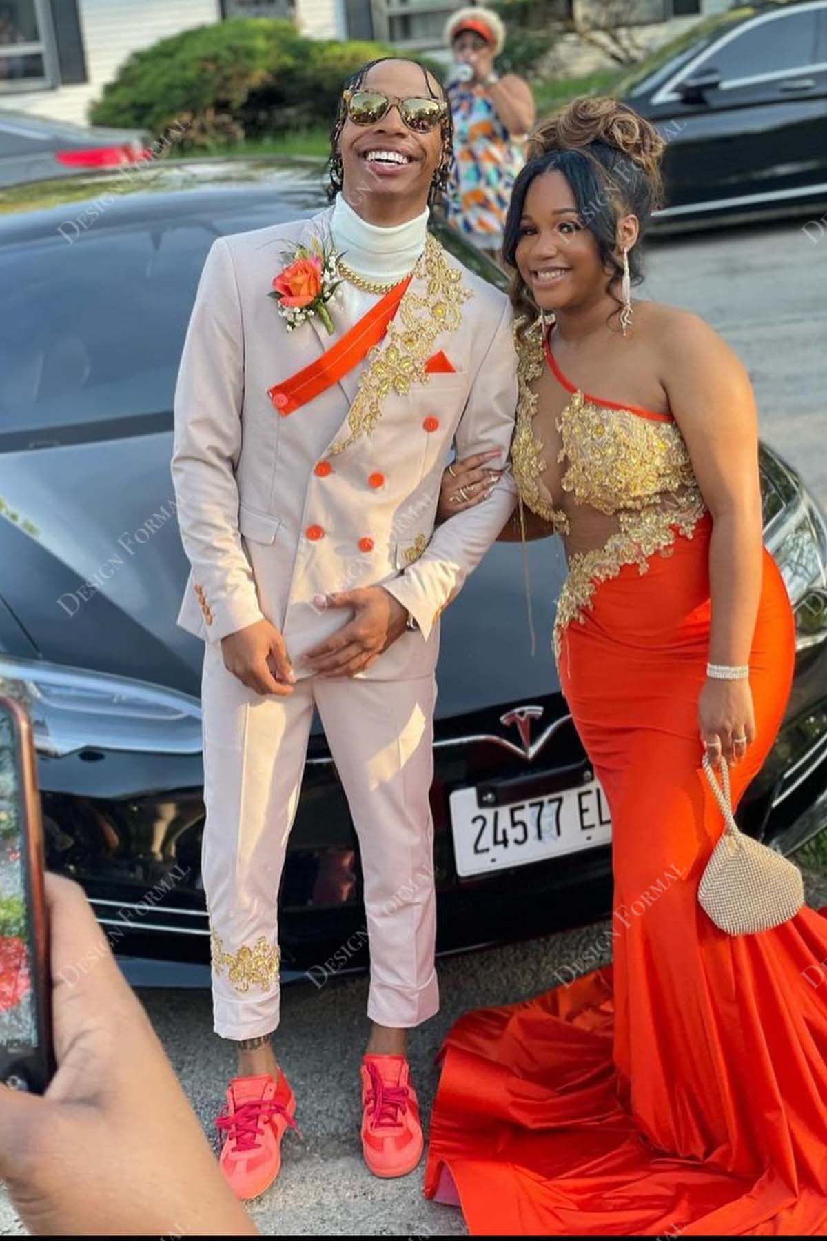 beaded one shoulder orange satin mermaid designer prom dress