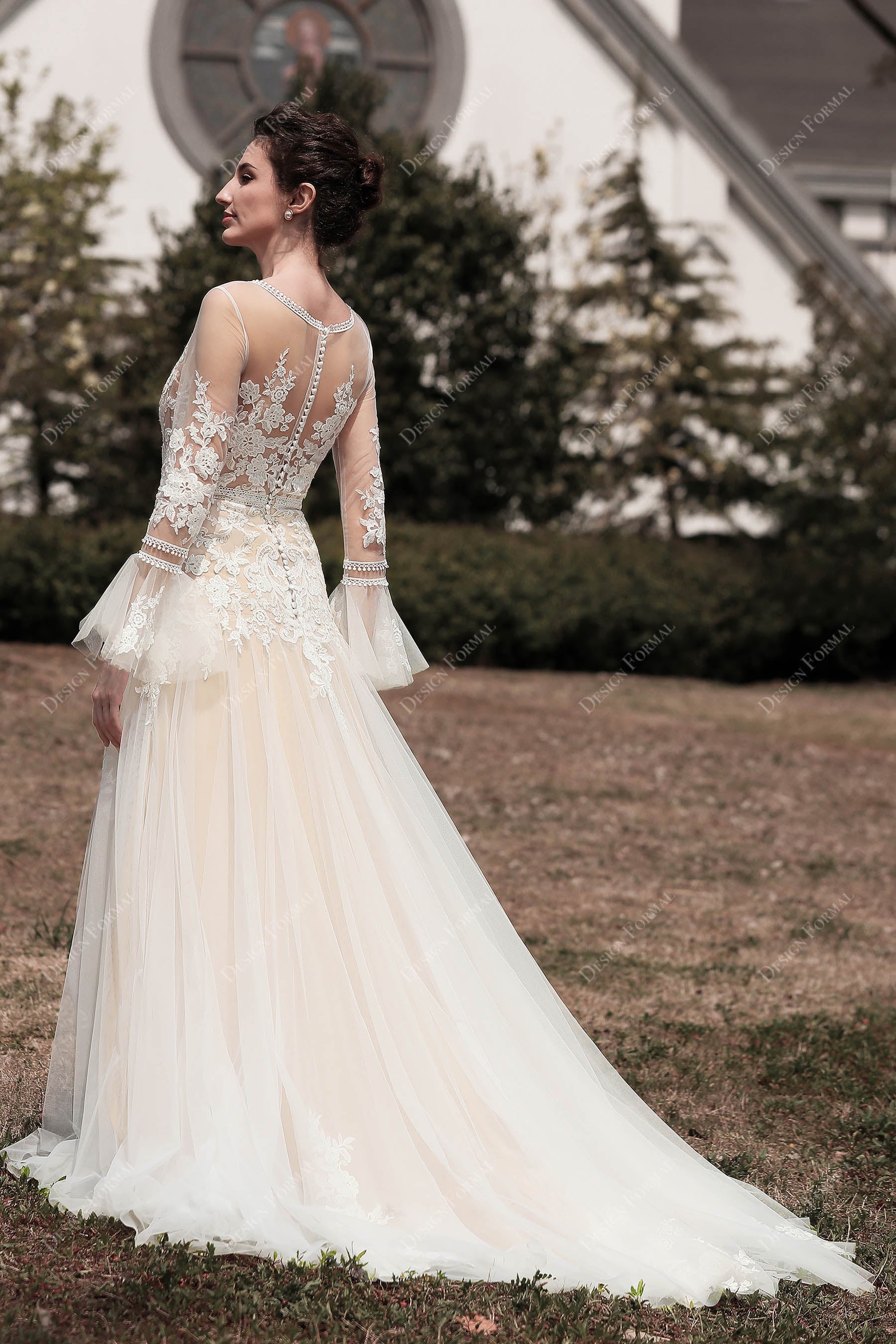 bell sleeves long train boho wedding gown