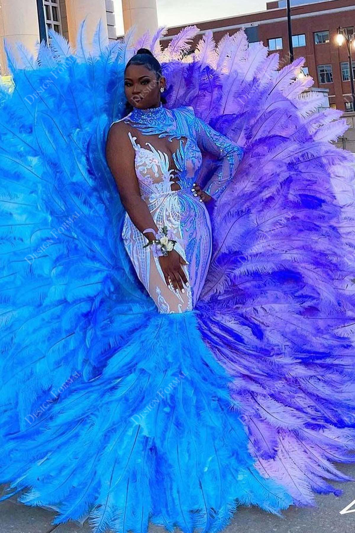 Multi-colored Unique Sequin Big Feather Trumpet Prom Gown