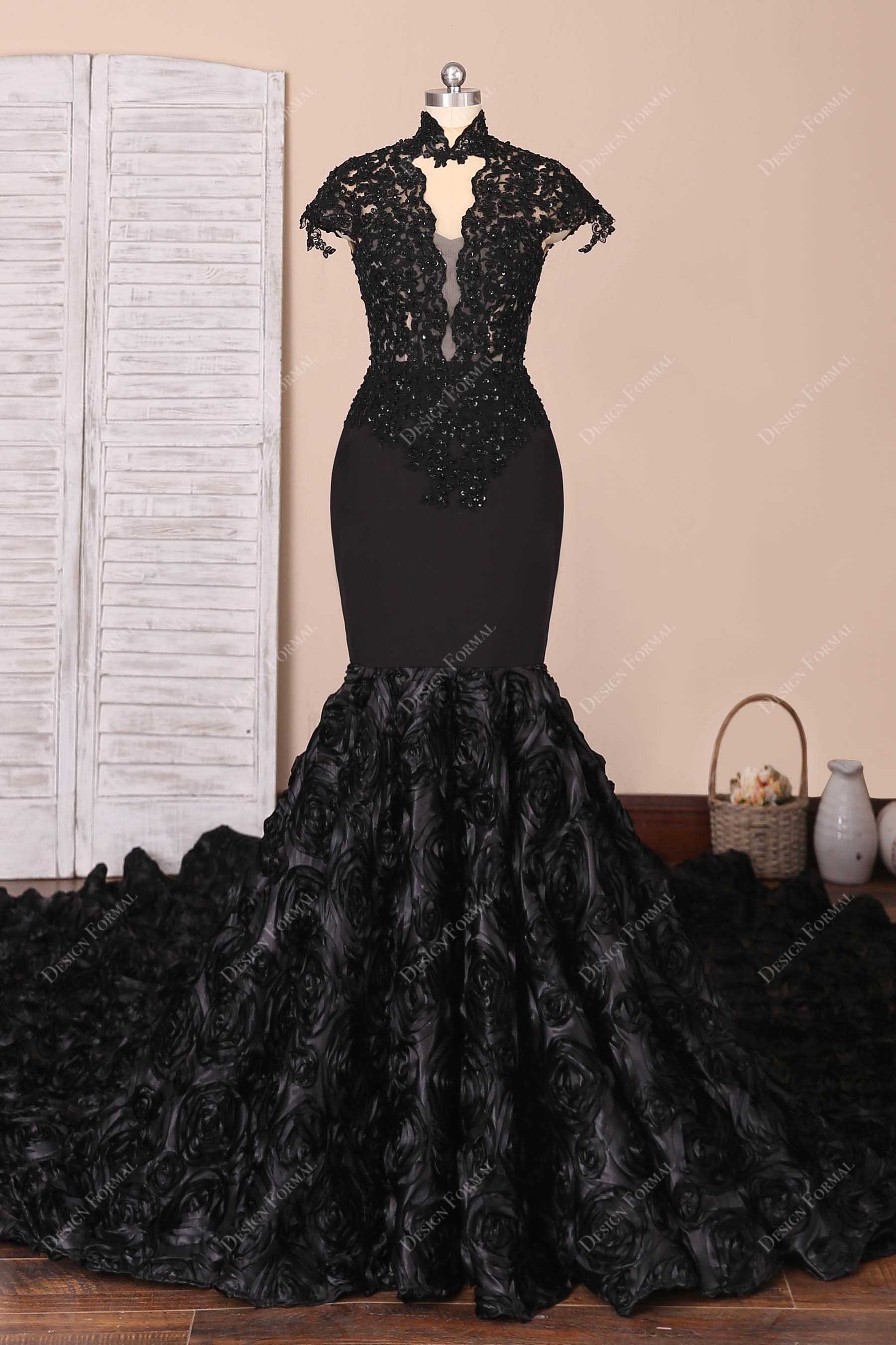 Black Beaded Lace Cap Sleeve Dramatic 3D Rose Dress