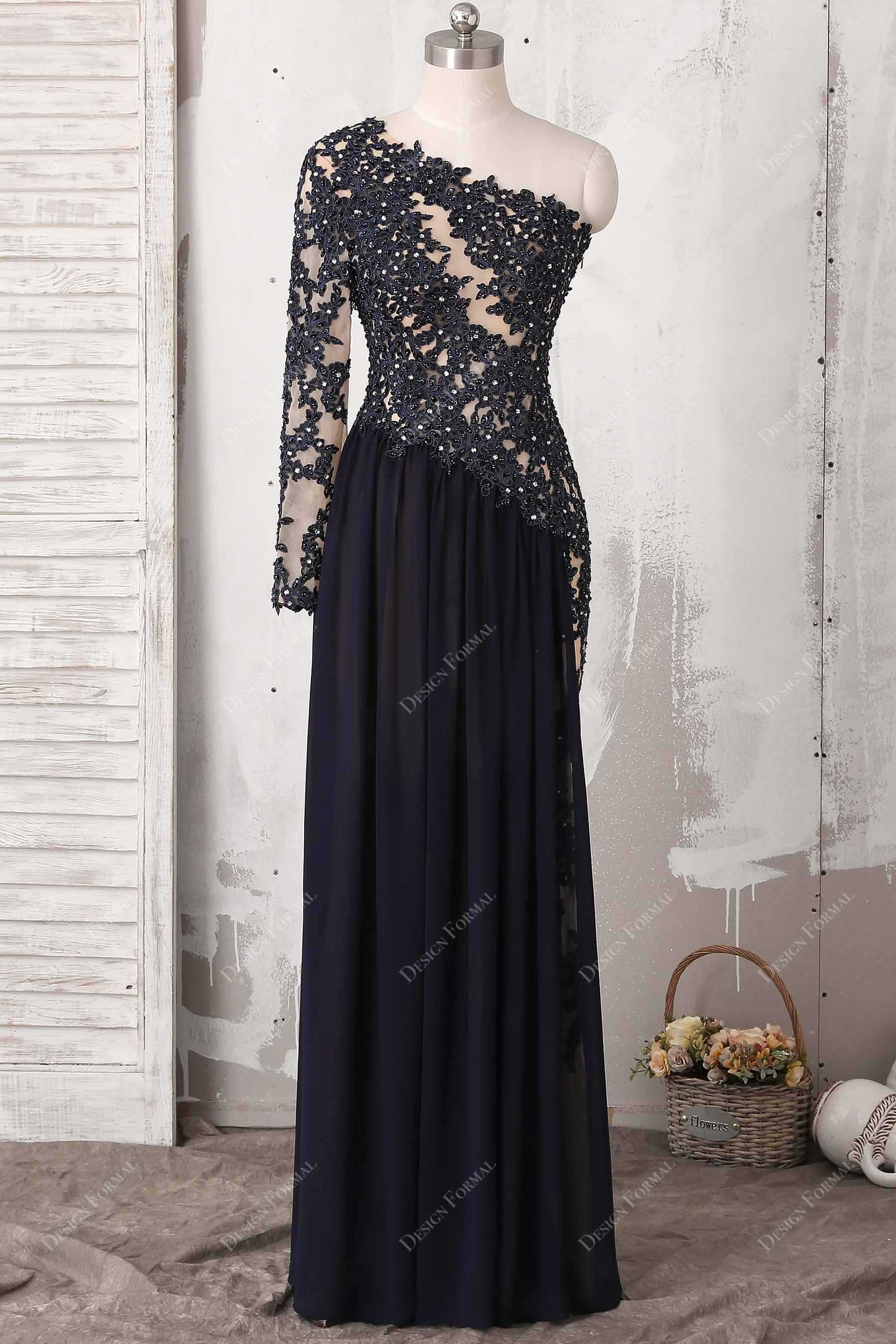 black applique dress Fancy Black Beaded Lace Chiffon Unique One Sleeve A-line Prom Dress