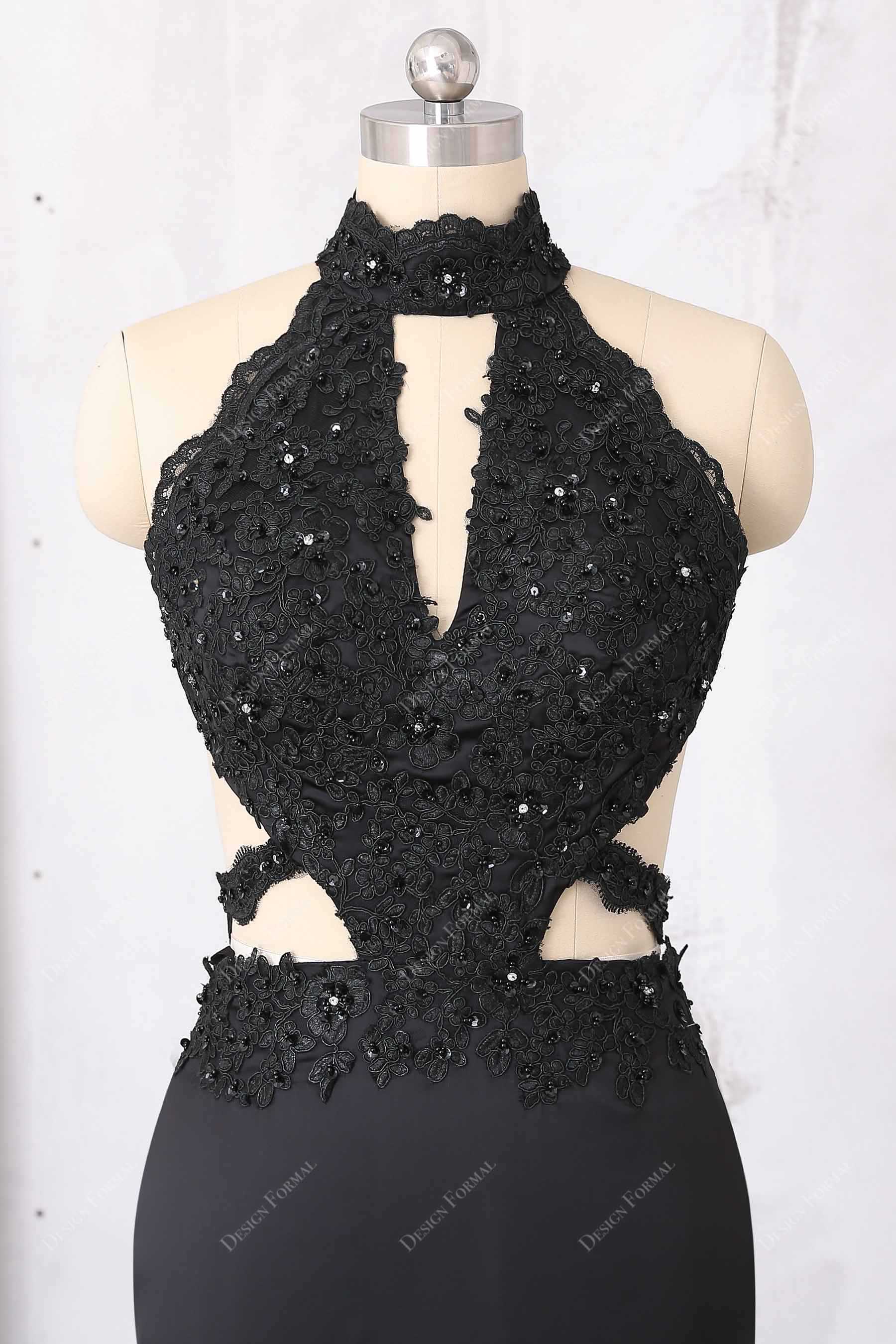 black beaded applique keyhole bodice