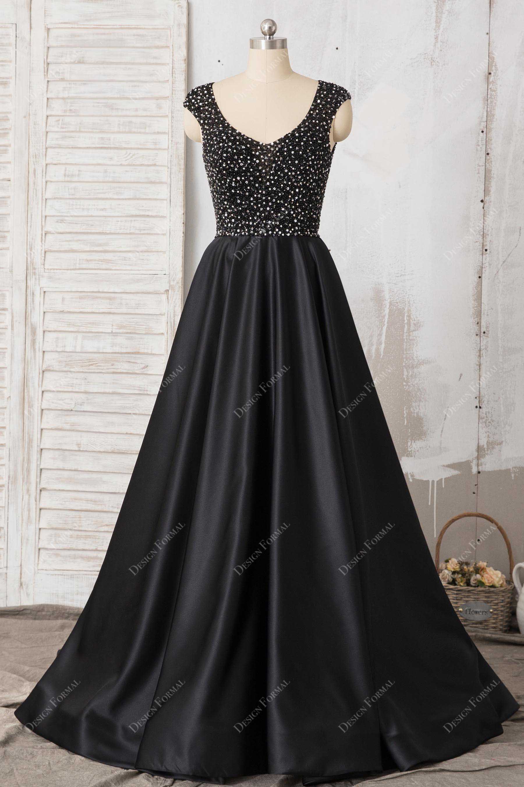 black beaded queen anne neck satin prom dress