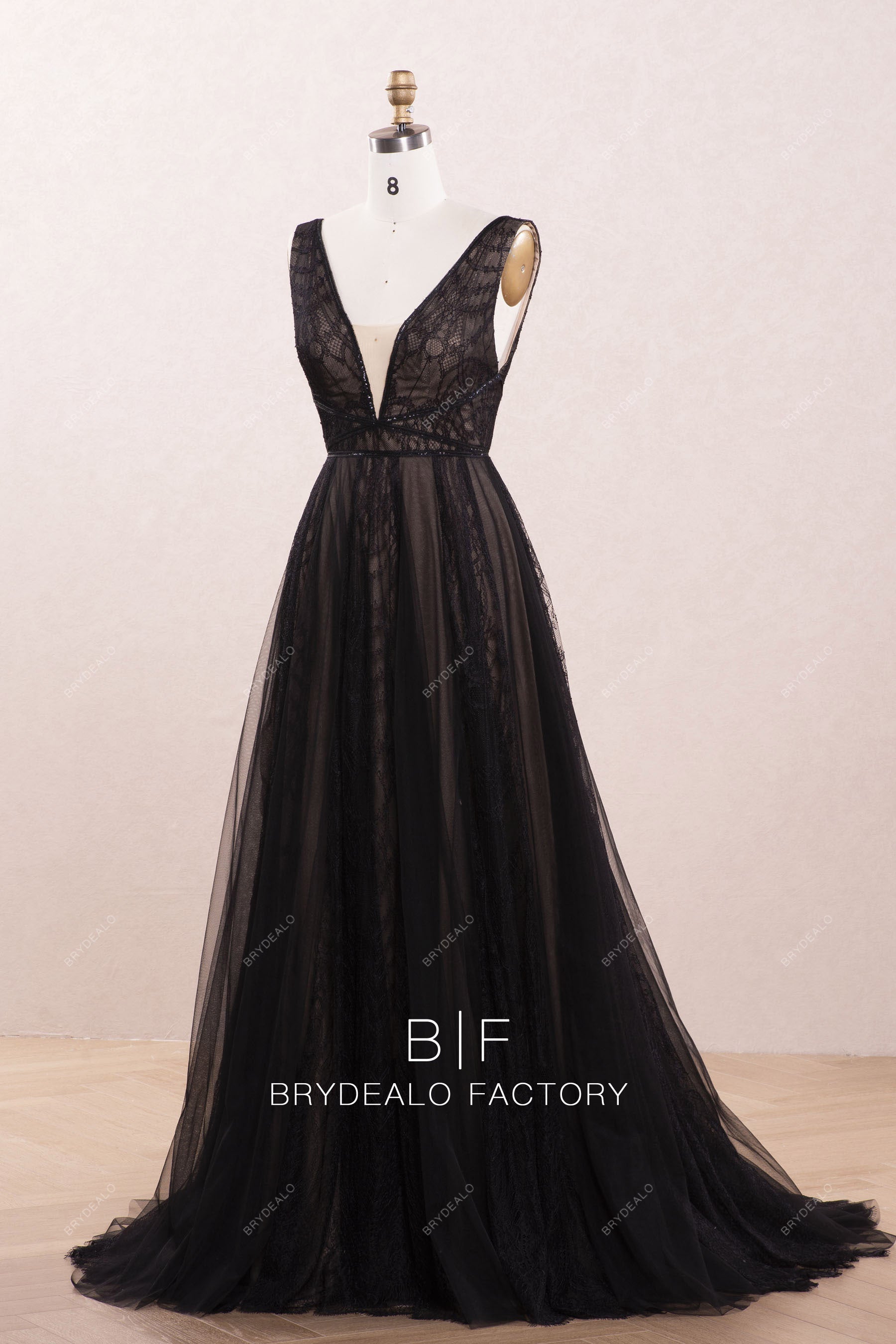 flowy A-line sleeveless black destination wedding dress