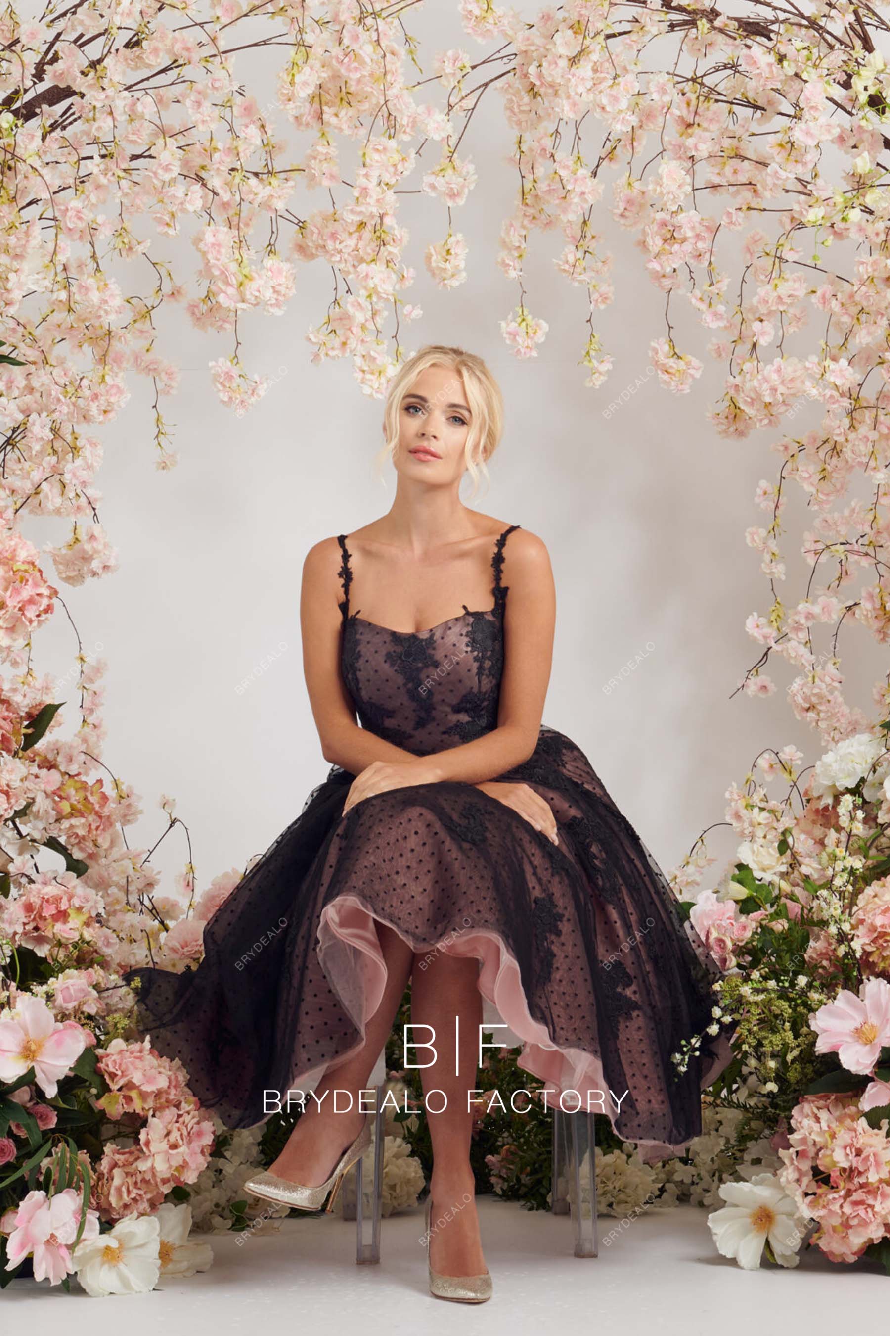 Custom Black Lace Strap Dot Tulle Vintage Blush Tea Length Bridal Dress, Two-Tone Custom Black Lace Strap Dot Tulle Vintage Blush Tea Length Bridal Dress, Two-Tone