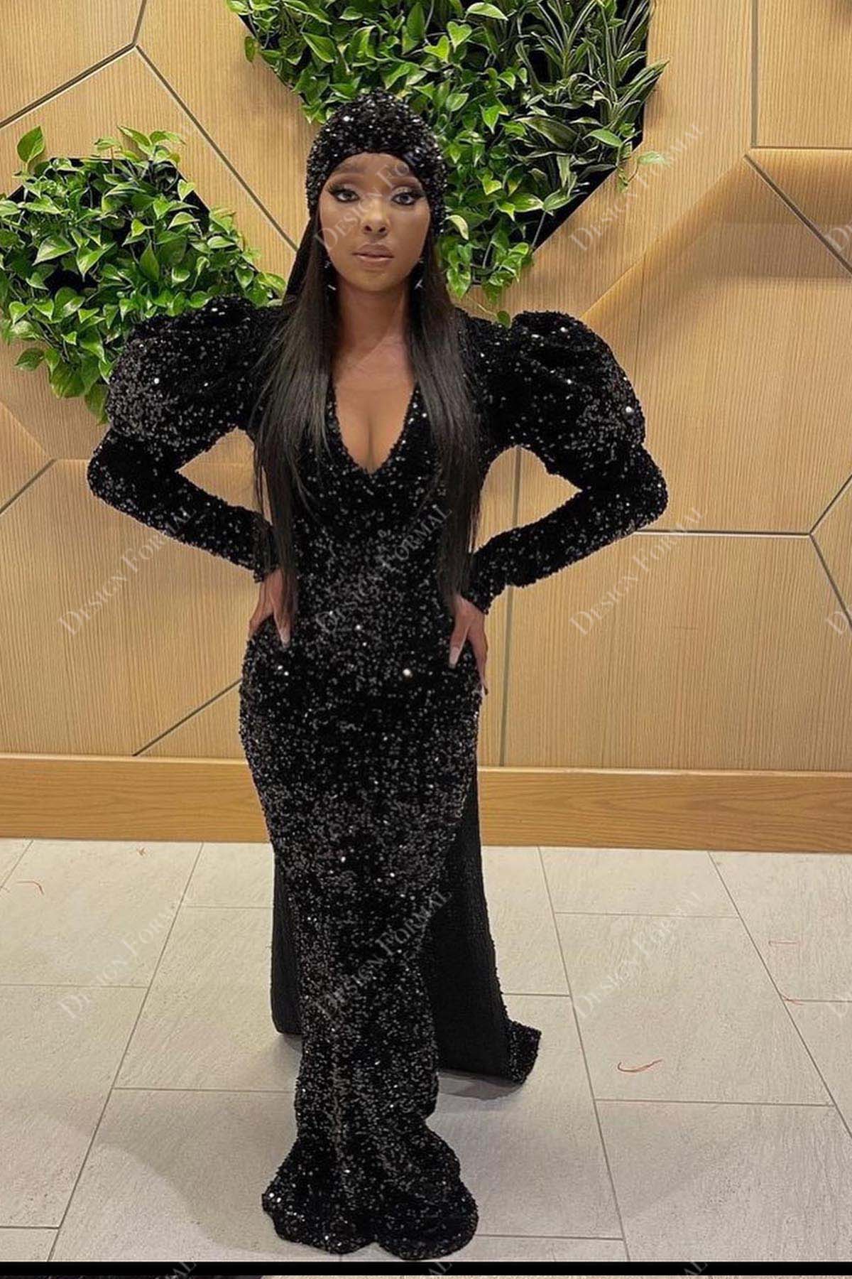 black glitter V-neck lantern long sleeve sheath prom dress