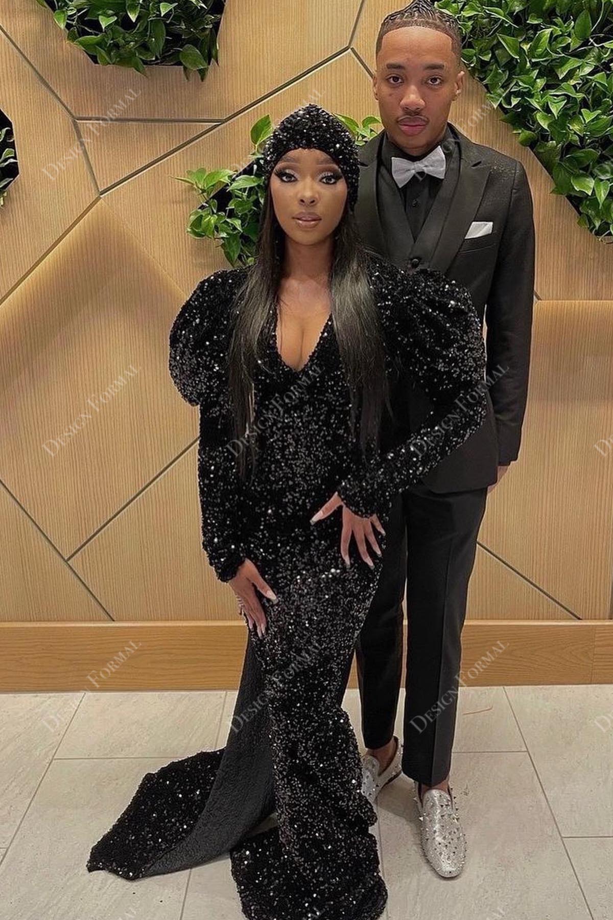 black glitter V-neck lantern long sleeves sheath prom gown