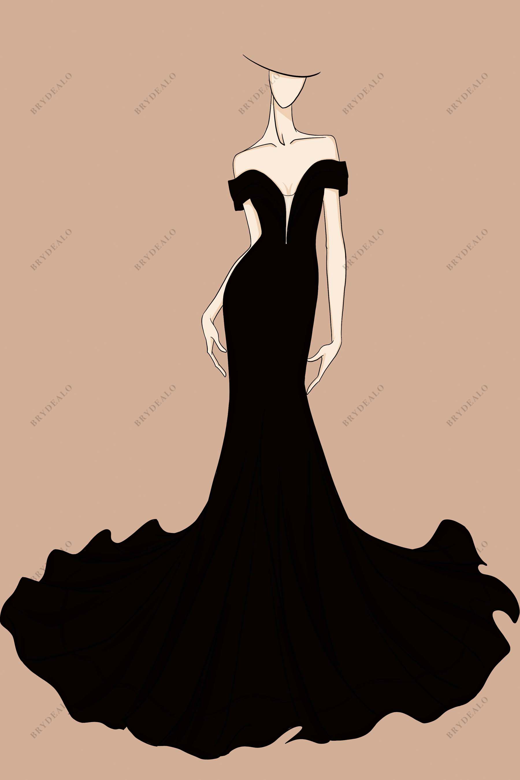 Plunging Neck Black Off-shoulder Formal Dress Sketch