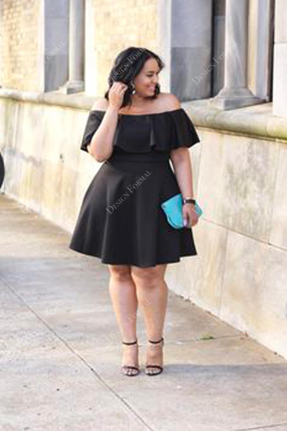 Plus Size Black Satin Off Shoulder Mini Length Homecoming Cocktail Gown Plus Size Black Satin Off Shoulder Mini Length Homecoming Cocktail Gown