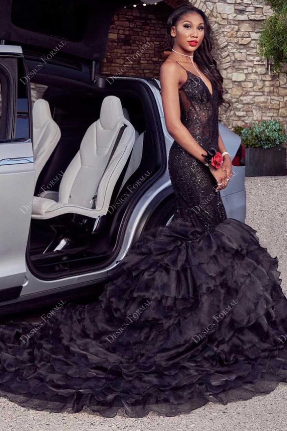 black ruffled organza trumpet thin straps prom dress
