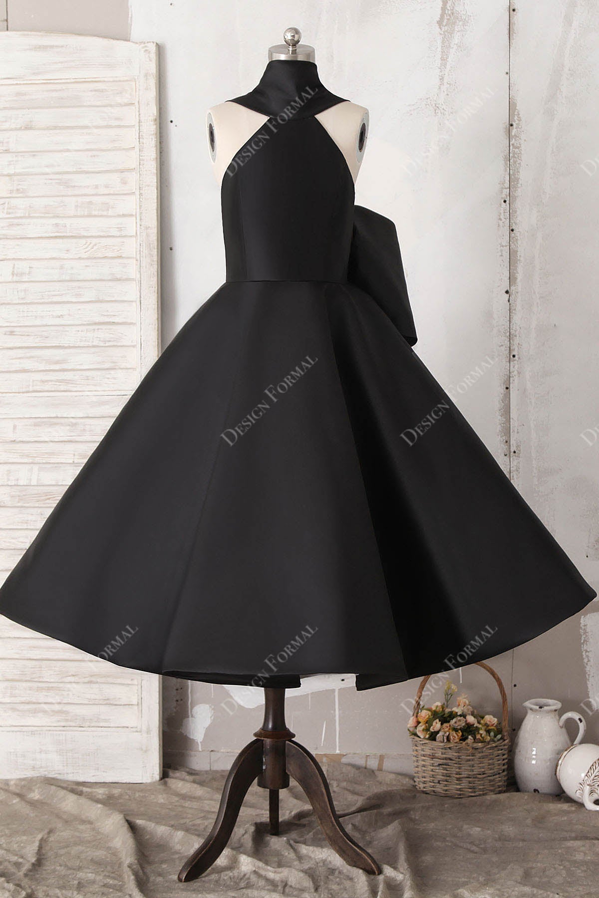 Black Satin Halter Tea Length Prom Bridesmaid Dress