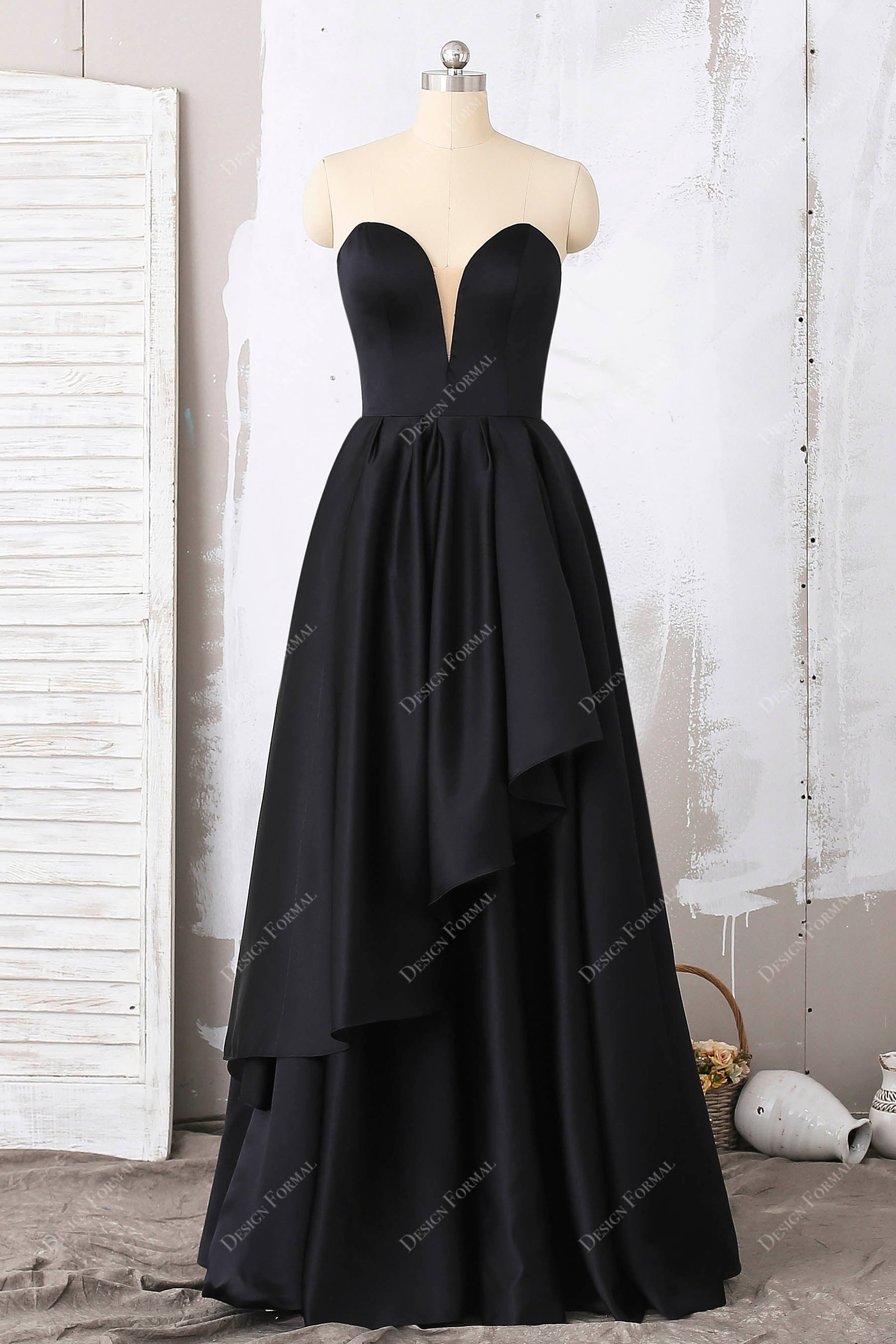 Black Satin Plunging Neck Strapless Prom Dress