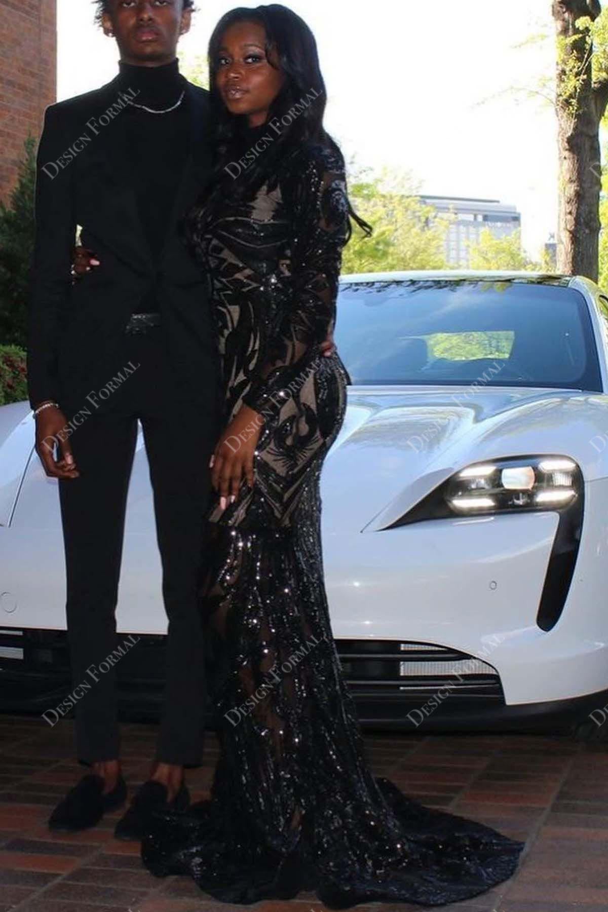 Turtle Neck Long Sleeved Black Mermaid Prom Dress