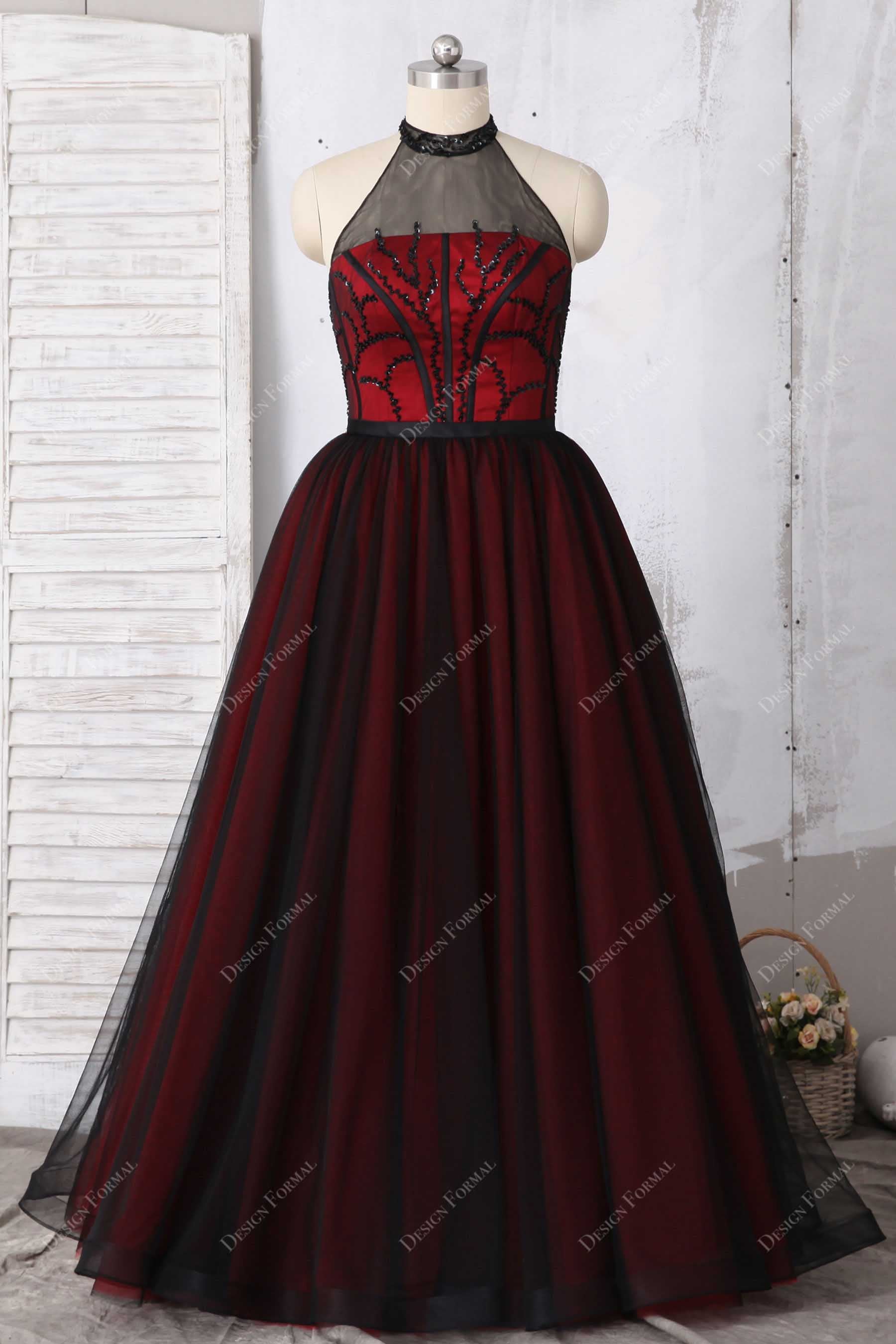 Black Beads Tulle Illusion Halter Plus Size Red Prom Sweetheart 16 Dre