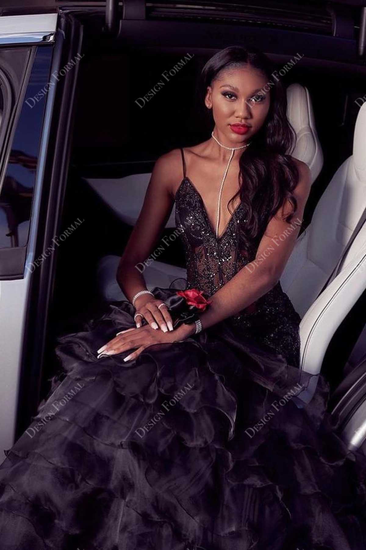 black sheer corset V-neck ruffled organza prom gown