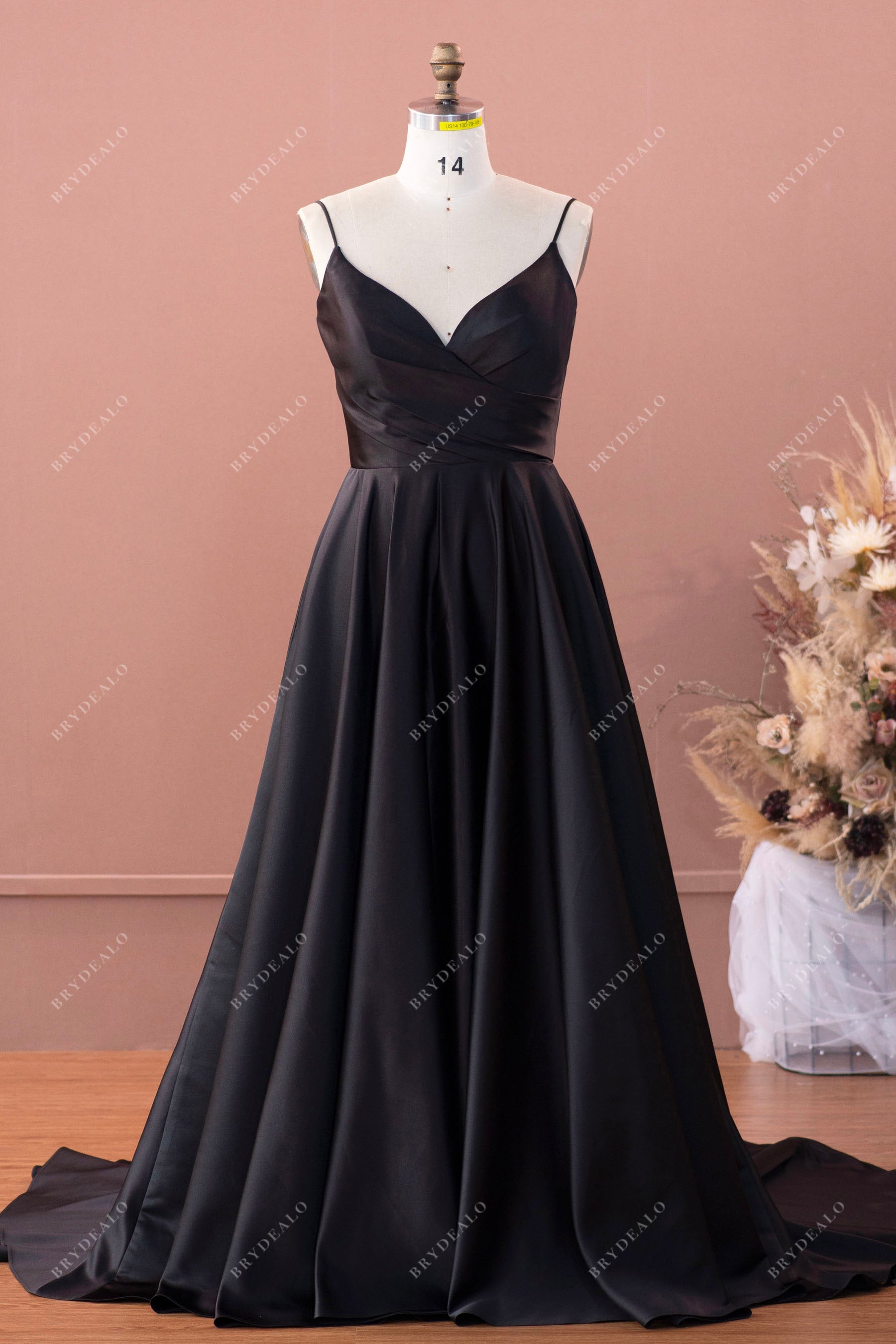 Spaghetti Strap V Neck Satin Ball Gown Black Satin Ruched V-neck