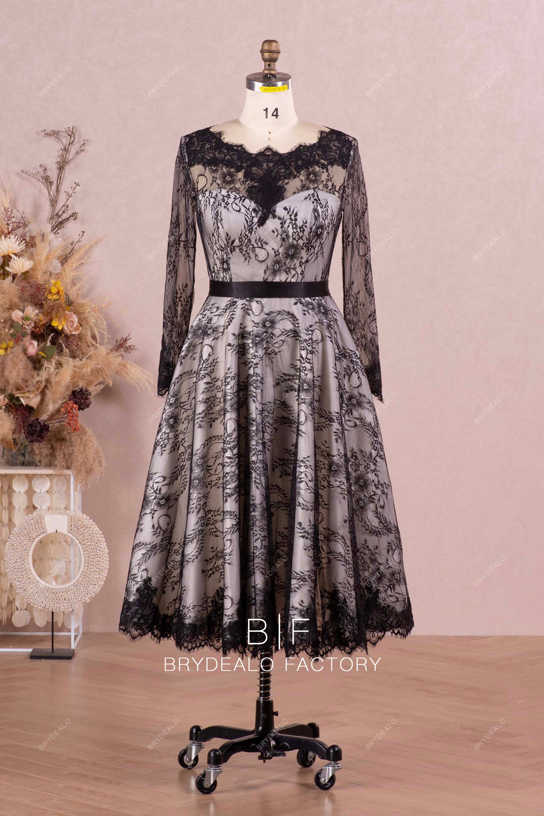 Vintage Black Lace Long Sash A-line Short Casual Bridal Dress