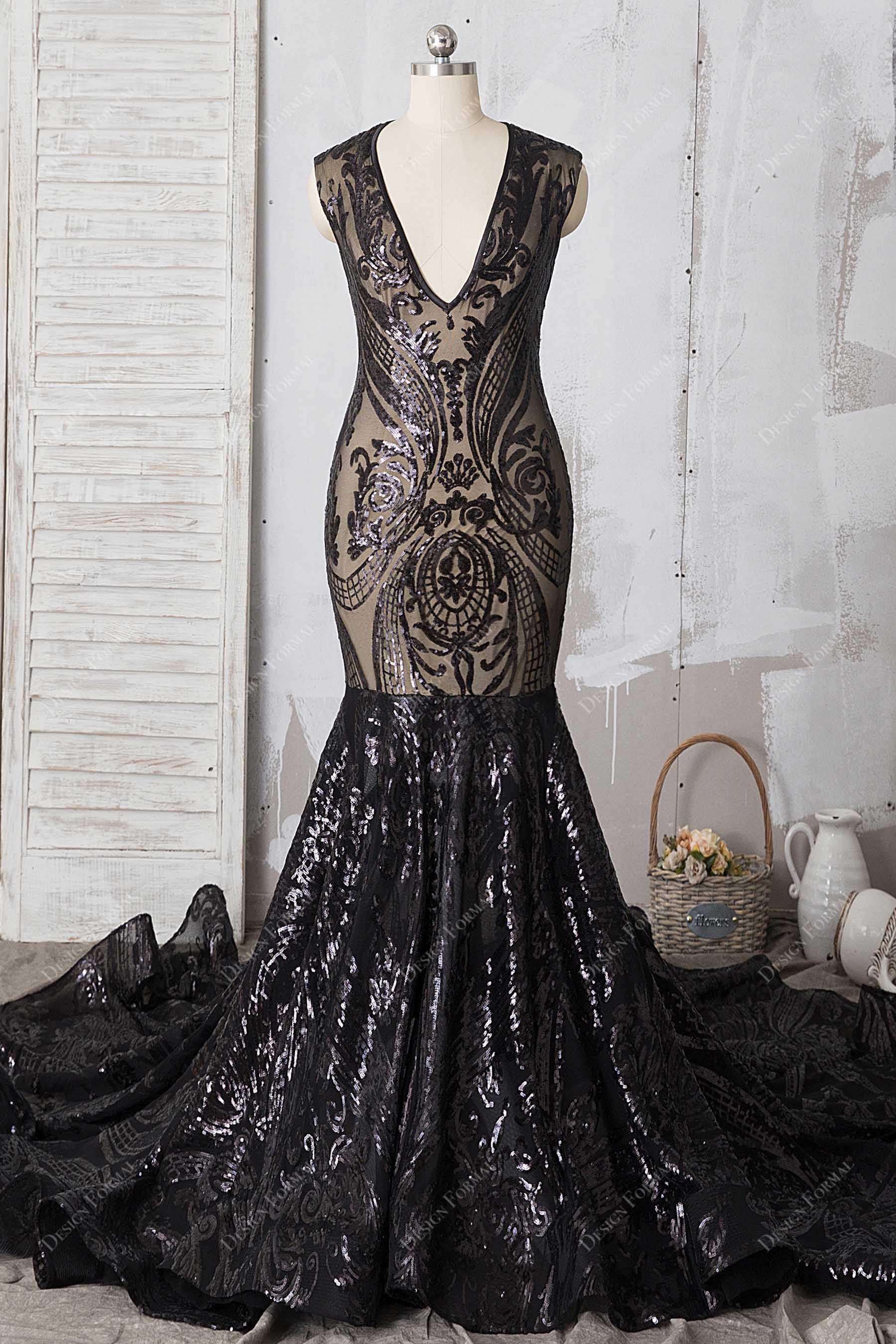 african mermaid prom dresses Black Unique Sequin Mermaid Dramatic Long Train Prom Dress